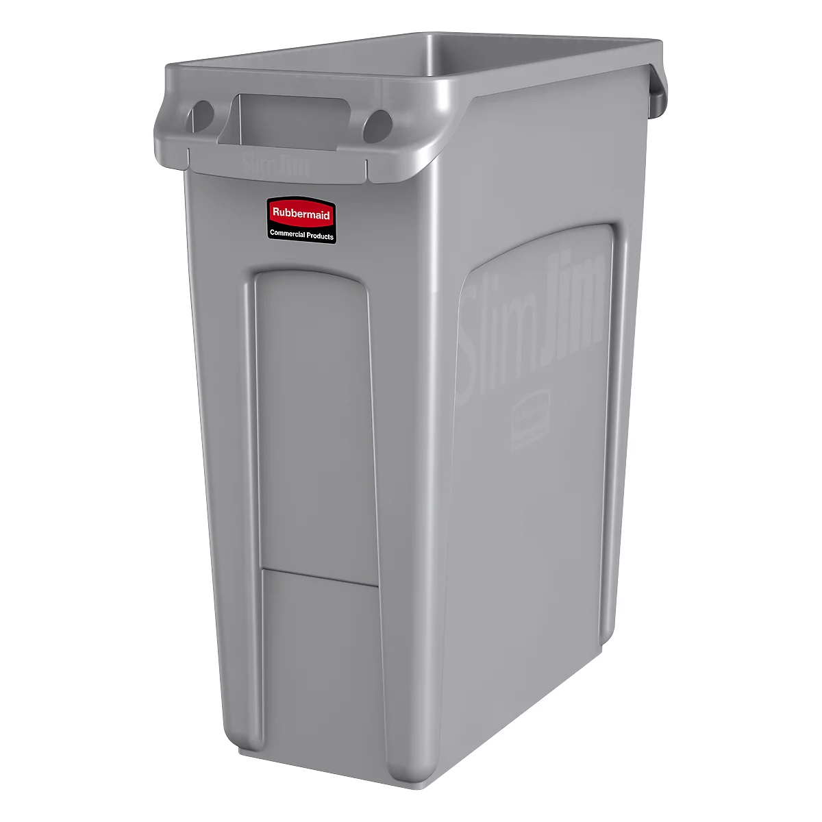 Gray, elongated trash can with handles. "Slim Jim" is written on the side in white letters.