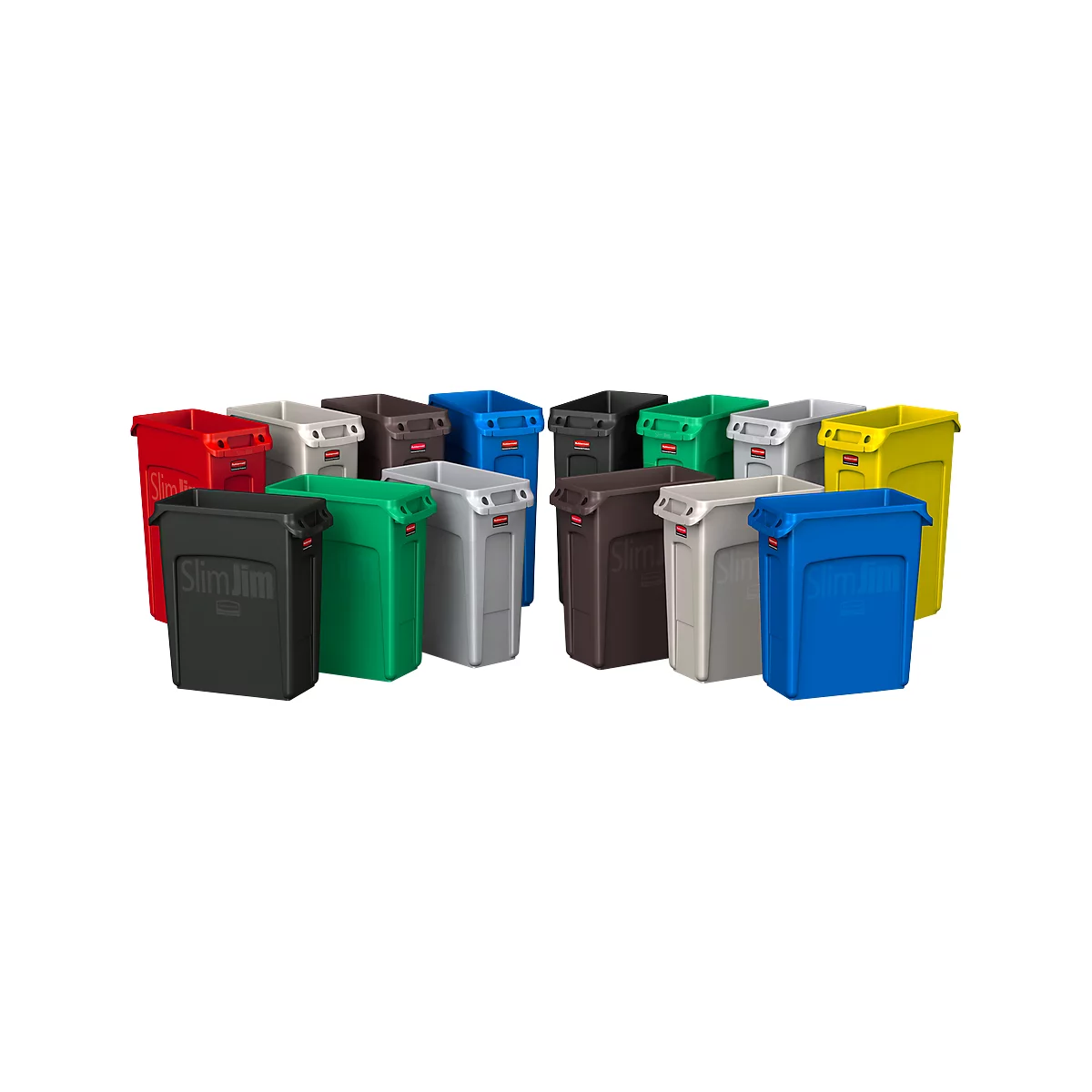 Several trash cans in different colors, Slim Jim, a black can stands in front.