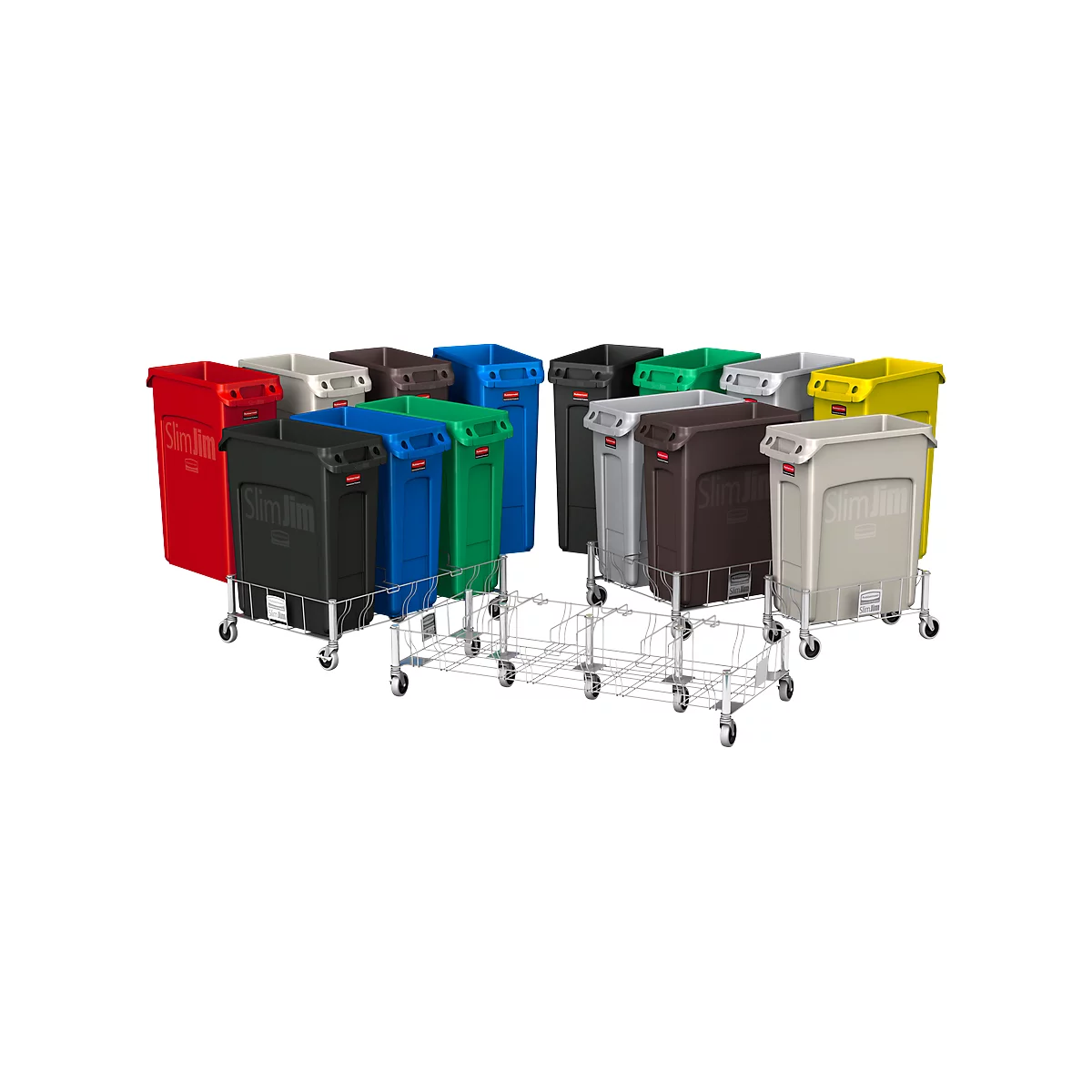 Multi-colored Slim Jim waste containers on wheels, for waste separation.