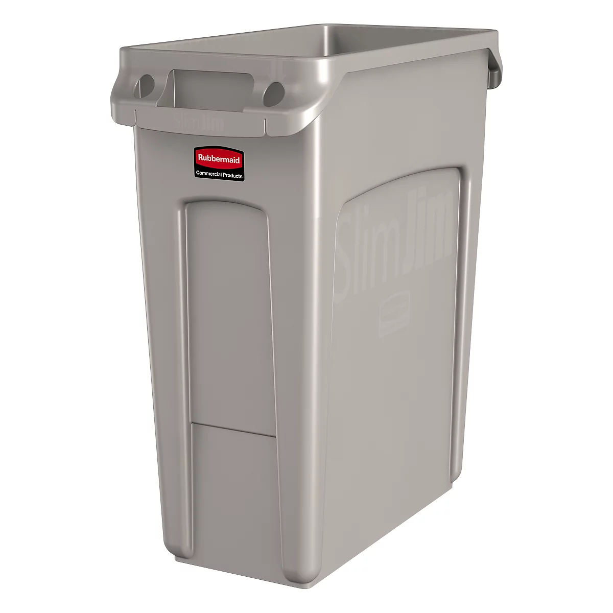 Gray Slim Jim trash can. Handles on top, Rubbermaid logo, Slim Jim lettering.