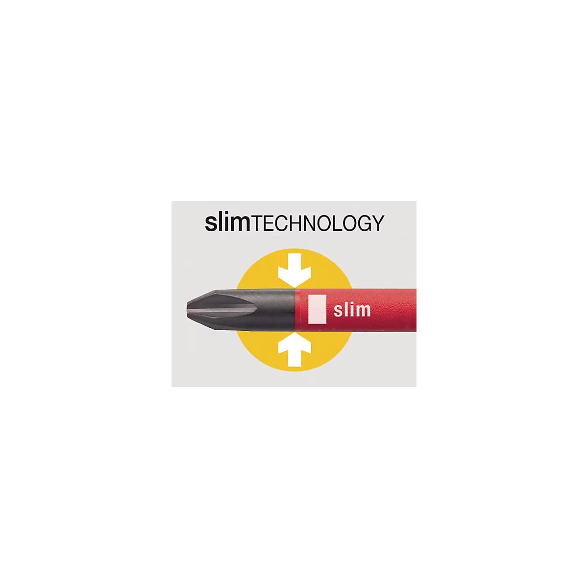 Gros plan sur un tournevis rouge avec l'inscription slim et slimTECHNOLOGY. Un cercle jaune avec des flèches souligne le design.