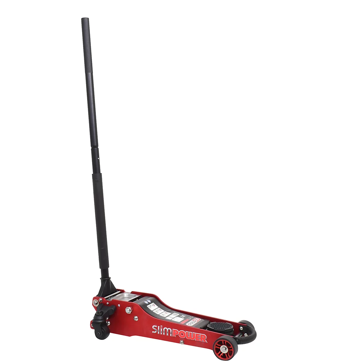 Roter hydraulischer Wagenheber mit schwarzem Griff. Der Schriftzug 'Slimpower' ist deutlich zu erkennen.