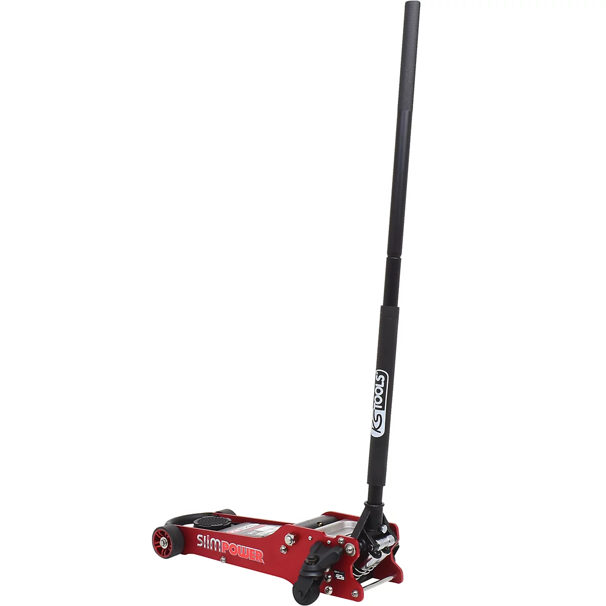 Roter hydraulischer Wagenheber mit schwarzem Griff und Rädern. Auf dem Wagenheber steht "slim power" und "KS TOOLS".