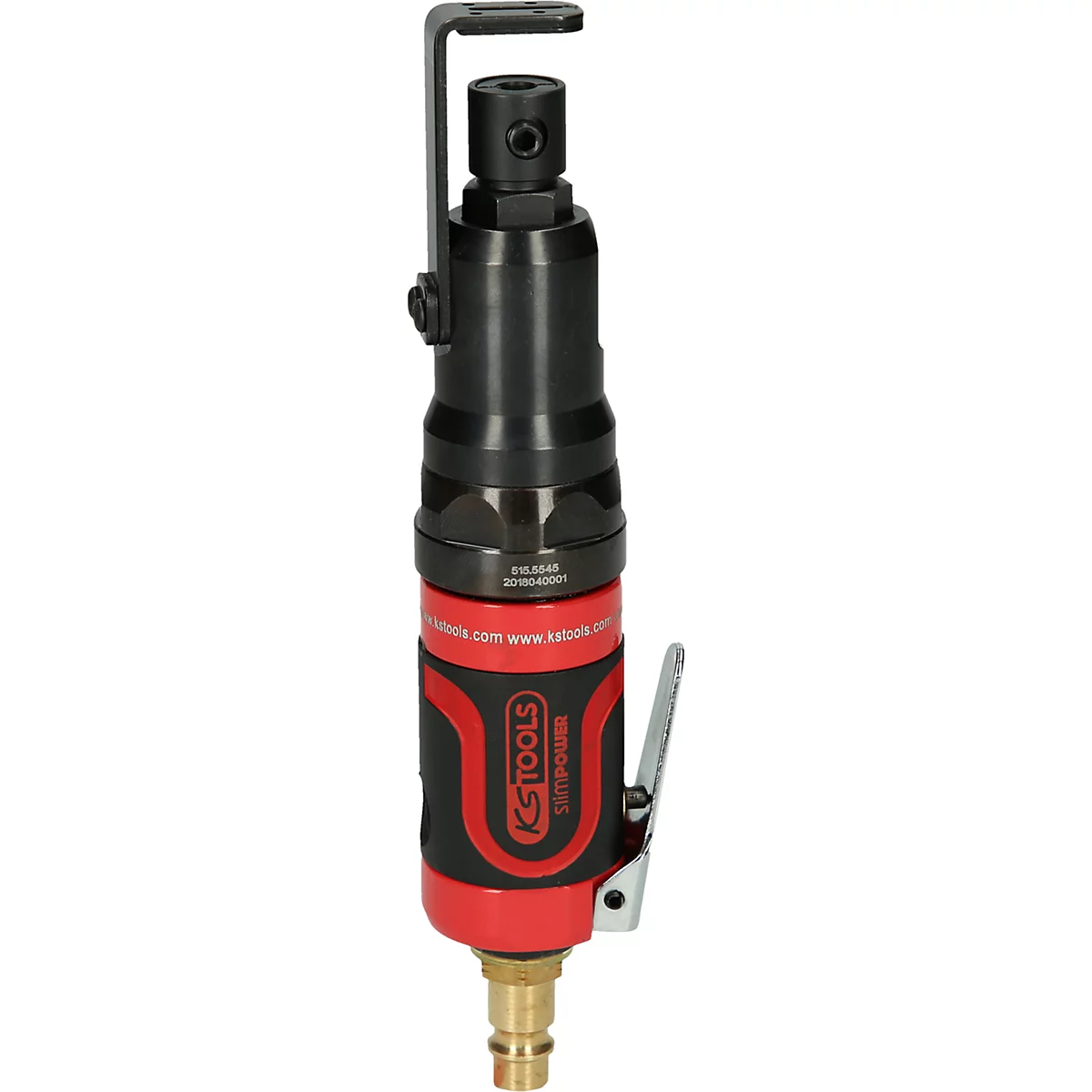 Schwarz-roter Druckluft-Winkelschleifer. Griff, Oberteil und Rohranschluss aus Metall. Firma KS Tools.
