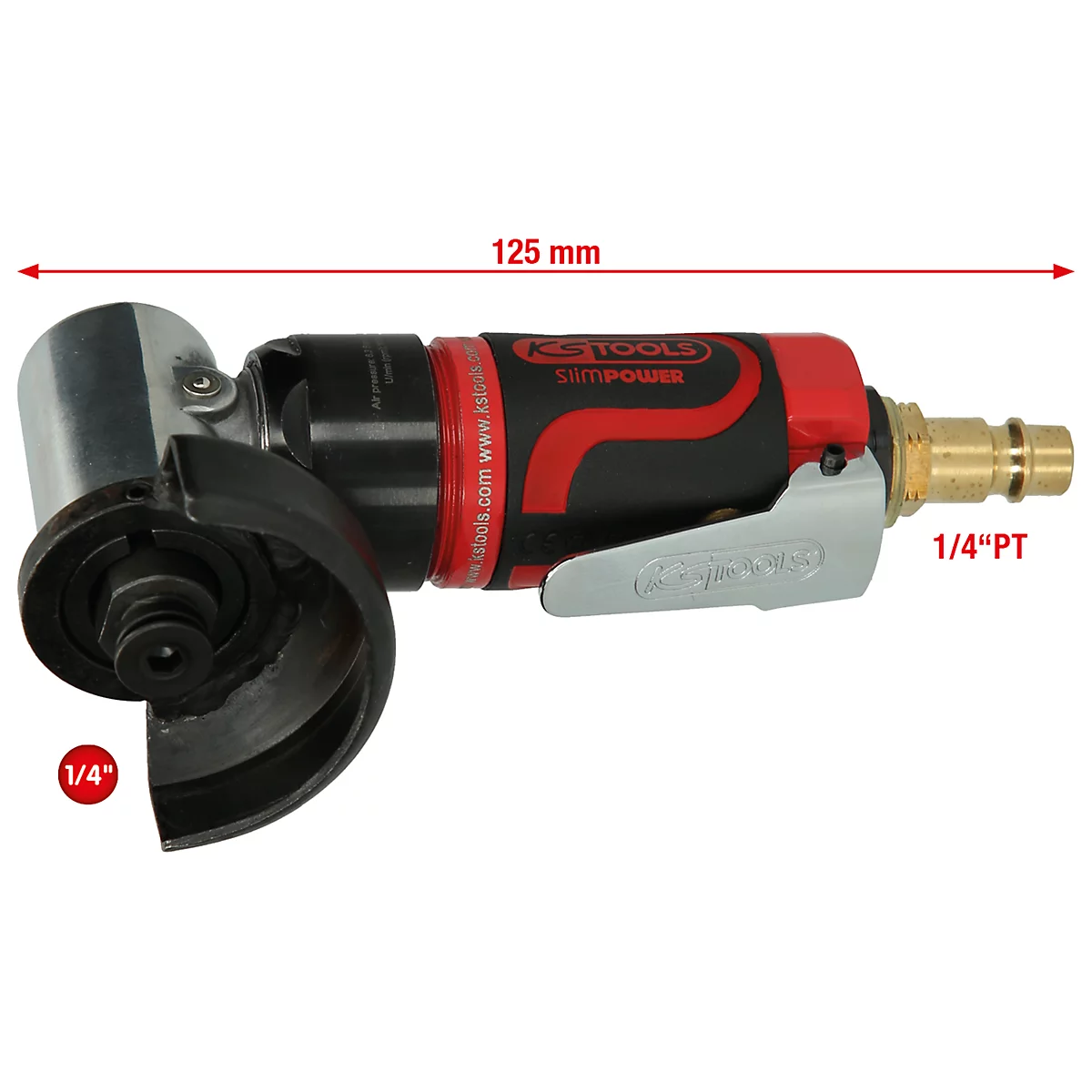 Winkelschleifer in Rot-Schwarz-Silber mit Größenangabe. Aufschrift KS TOOLS SLIM POWER.