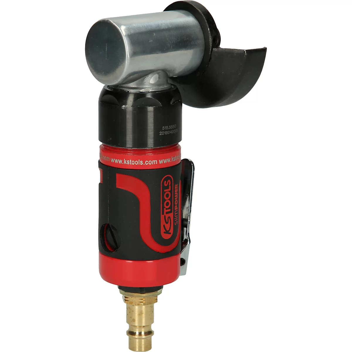 Winkelschleifer in Schwarz, Rot und Silber, mit dem Logo von KS Tools. Detailaufnahme.