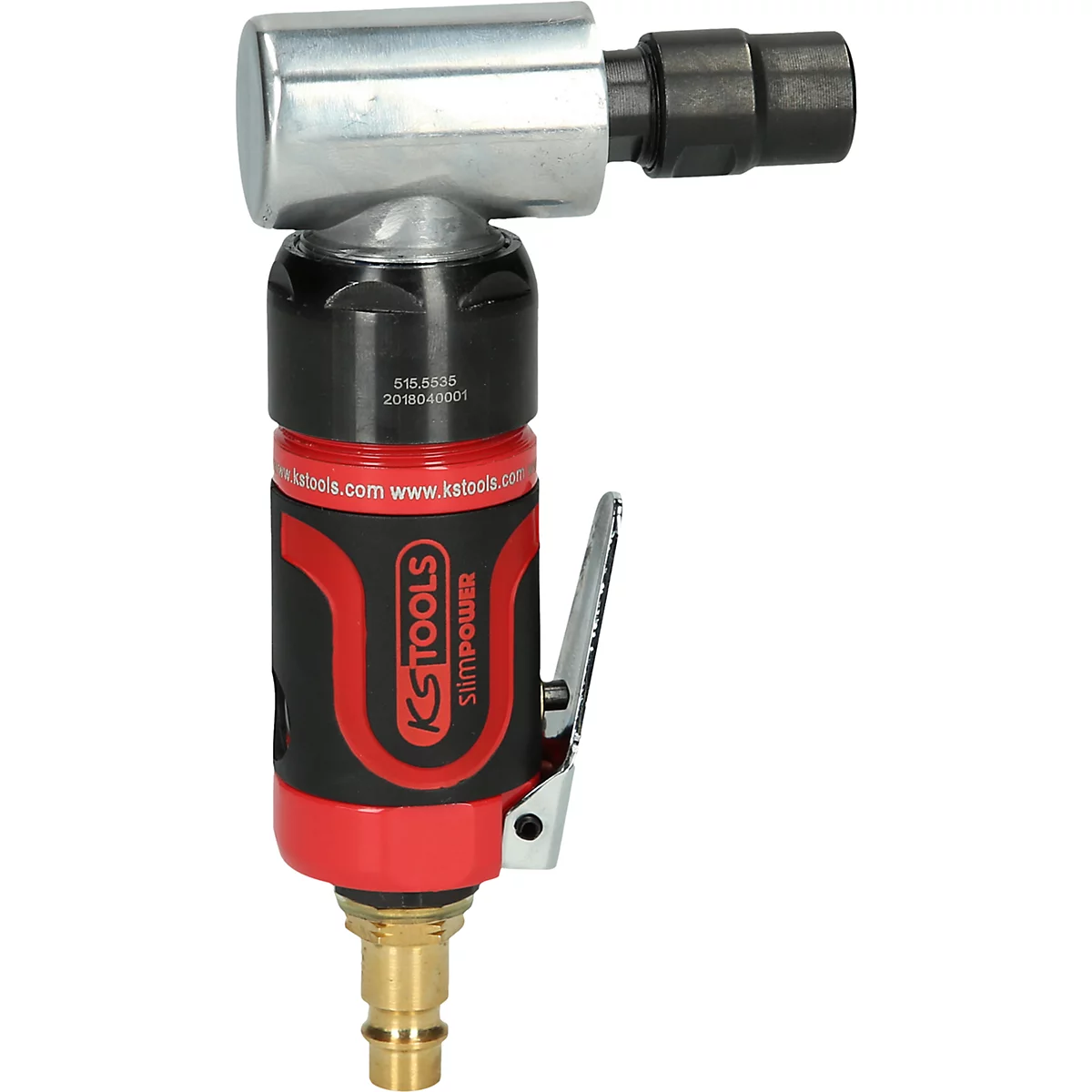 Eine Druckluft-Winkelschleifer in Schwarz, Rot und Silber, mit der Aufschrift 'KS TOOLS SLIMPOWER'.