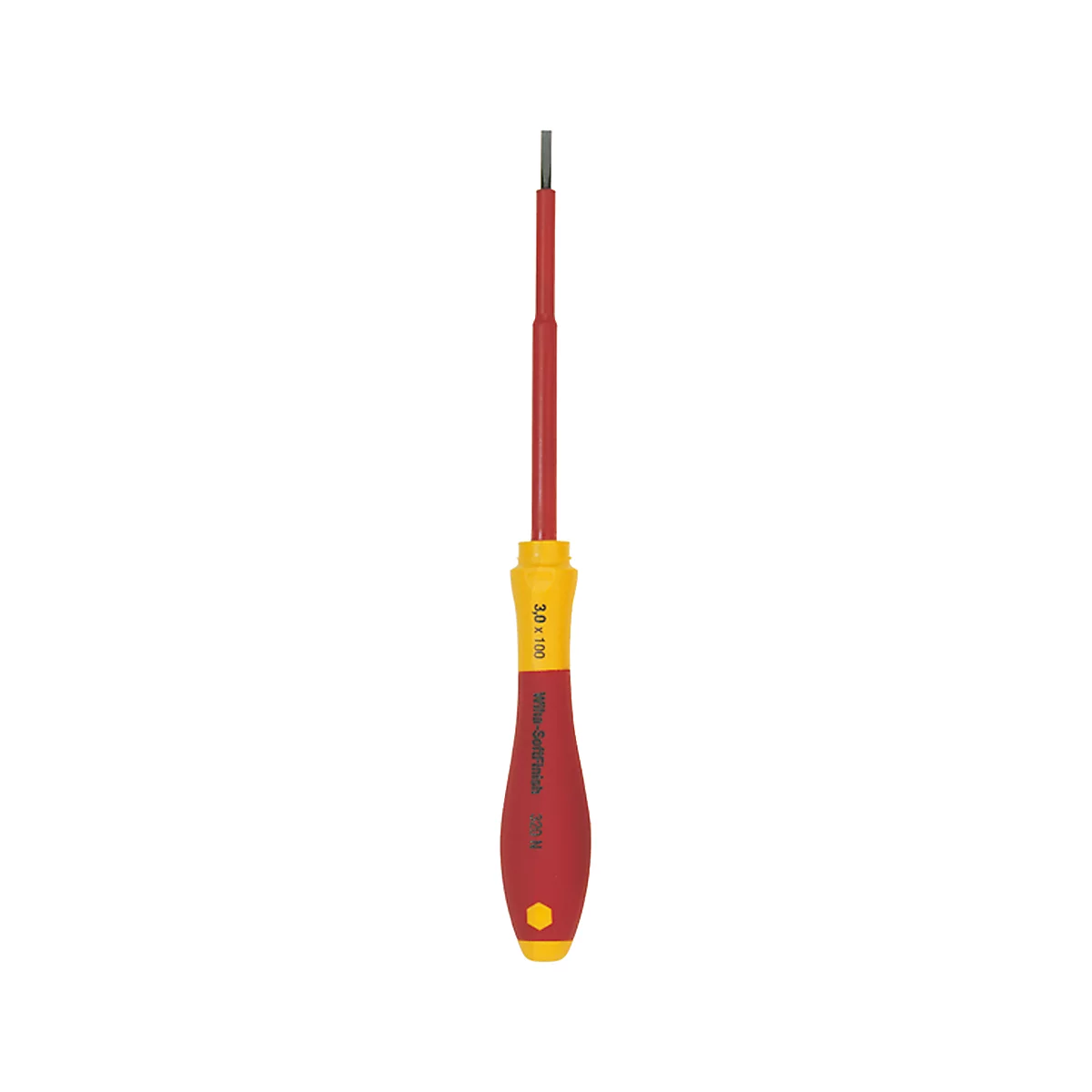 Close-up of a screwdriver, red and yellow, with textual indication.