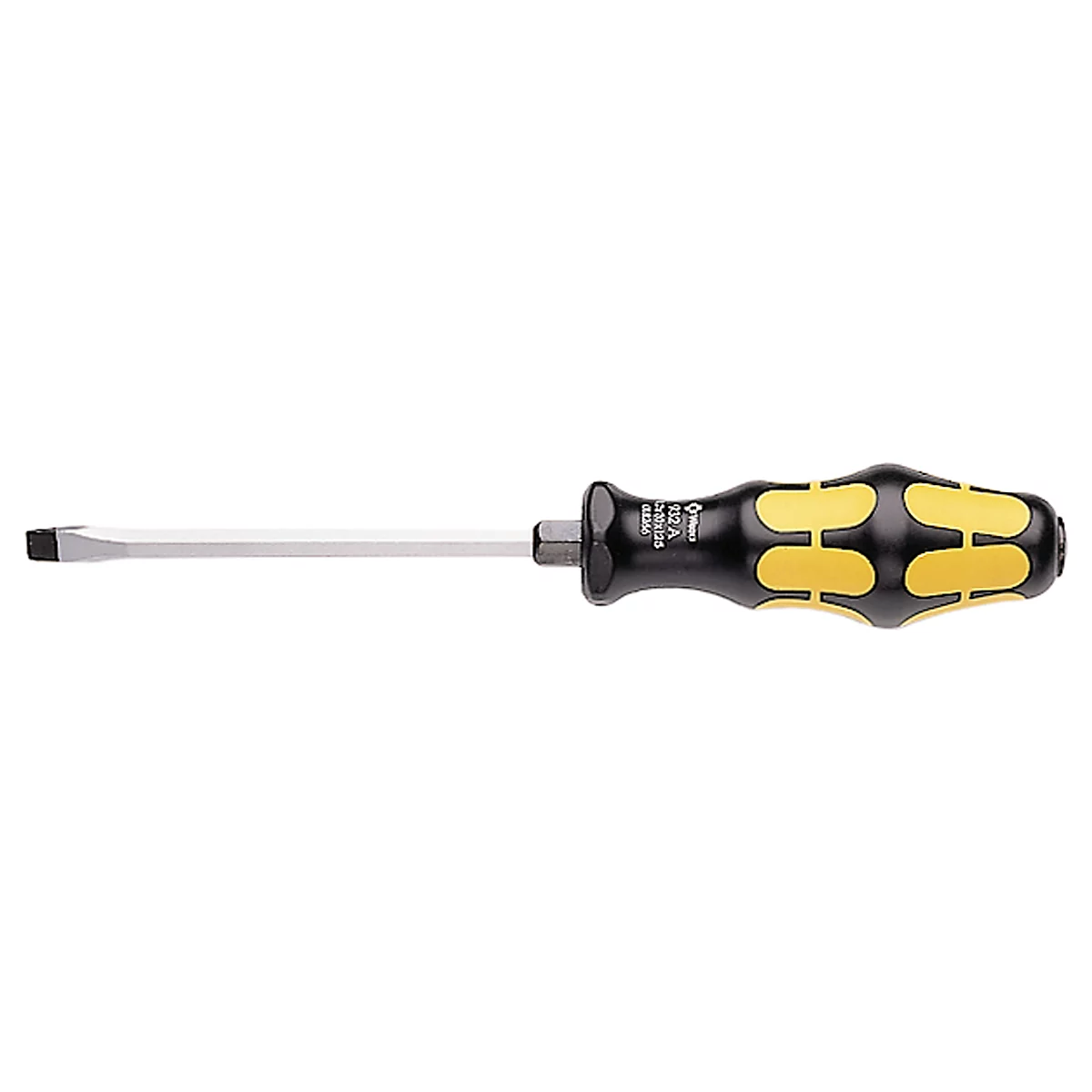 Screwdriver with black handle and yellow inserts, the blade is silver.
