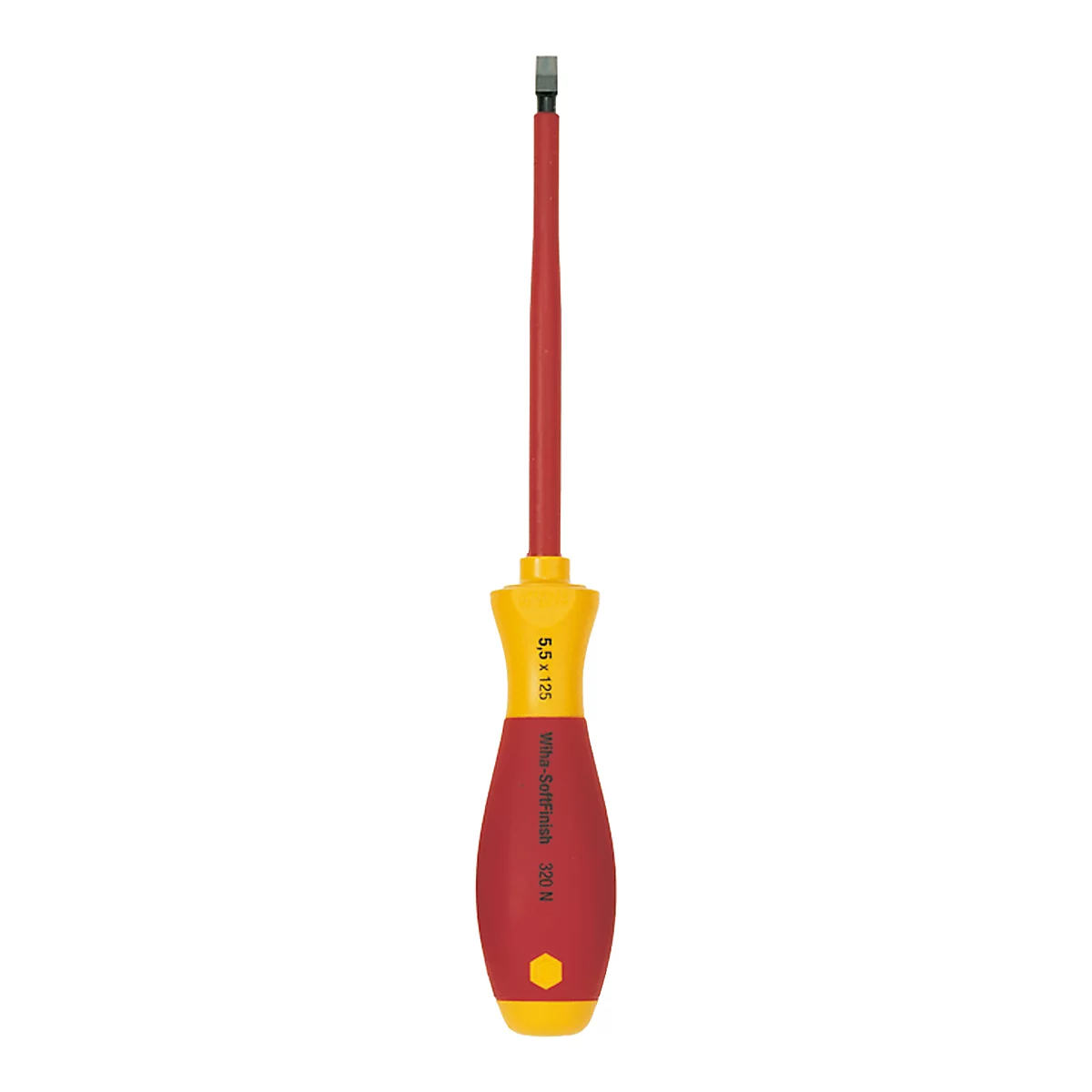 Close-up of a red and yellow screwdriver, metallic and hexagonal at the tip. Labelled: 5.5 x 125.