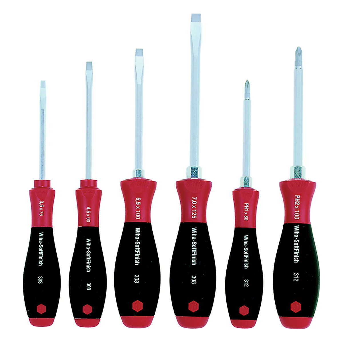 Various screwdrivers in a row. Red and black handles. Lettering: Wiha-SoftFinish, size specifications.