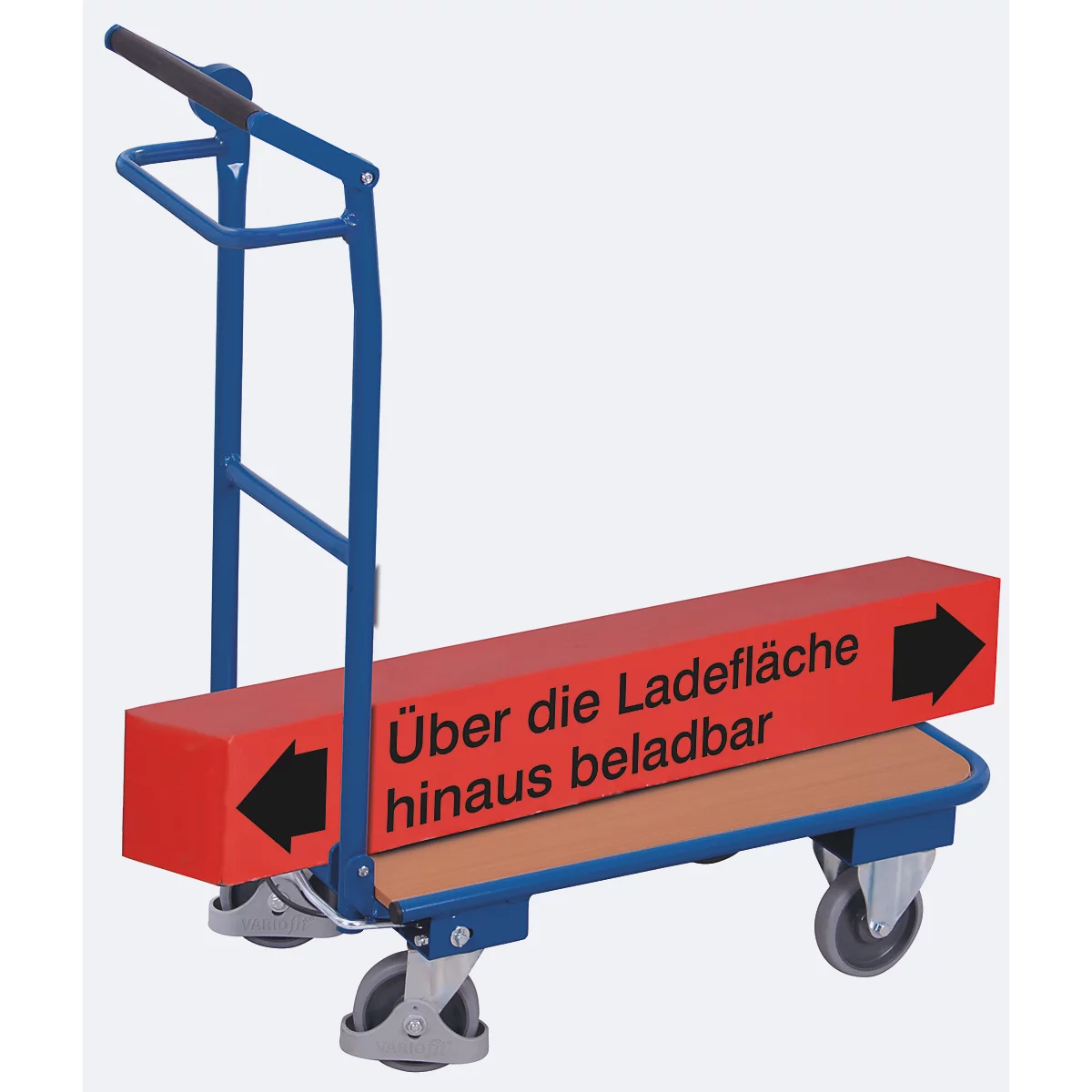 Blauw-zilveren transportkar met een rode opzet, waarop staat "Kan buiten het laadoppervlak worden geladen" en pijlen.