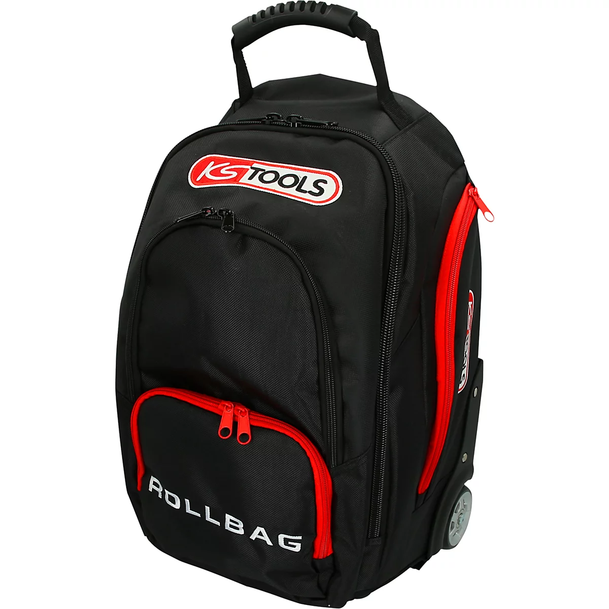Schwarzer Rollbag mit roter Umrandung und Reißverschlüssen. Auf der Tasche ist das Logo von KS TOOLS zu sehen.