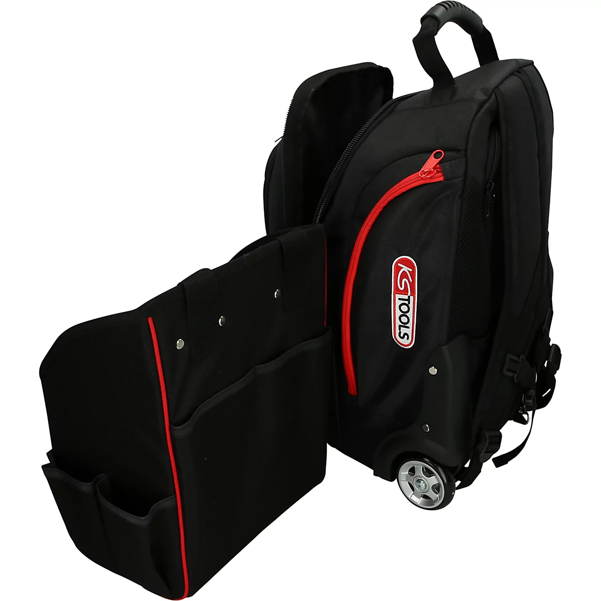 Schwarzer Werkzeugrucksack mit Rädern, roter Reißverschluss und rote Akzente. Mehrere Taschen und das Logo von KS TOOLS sind sichtbar.