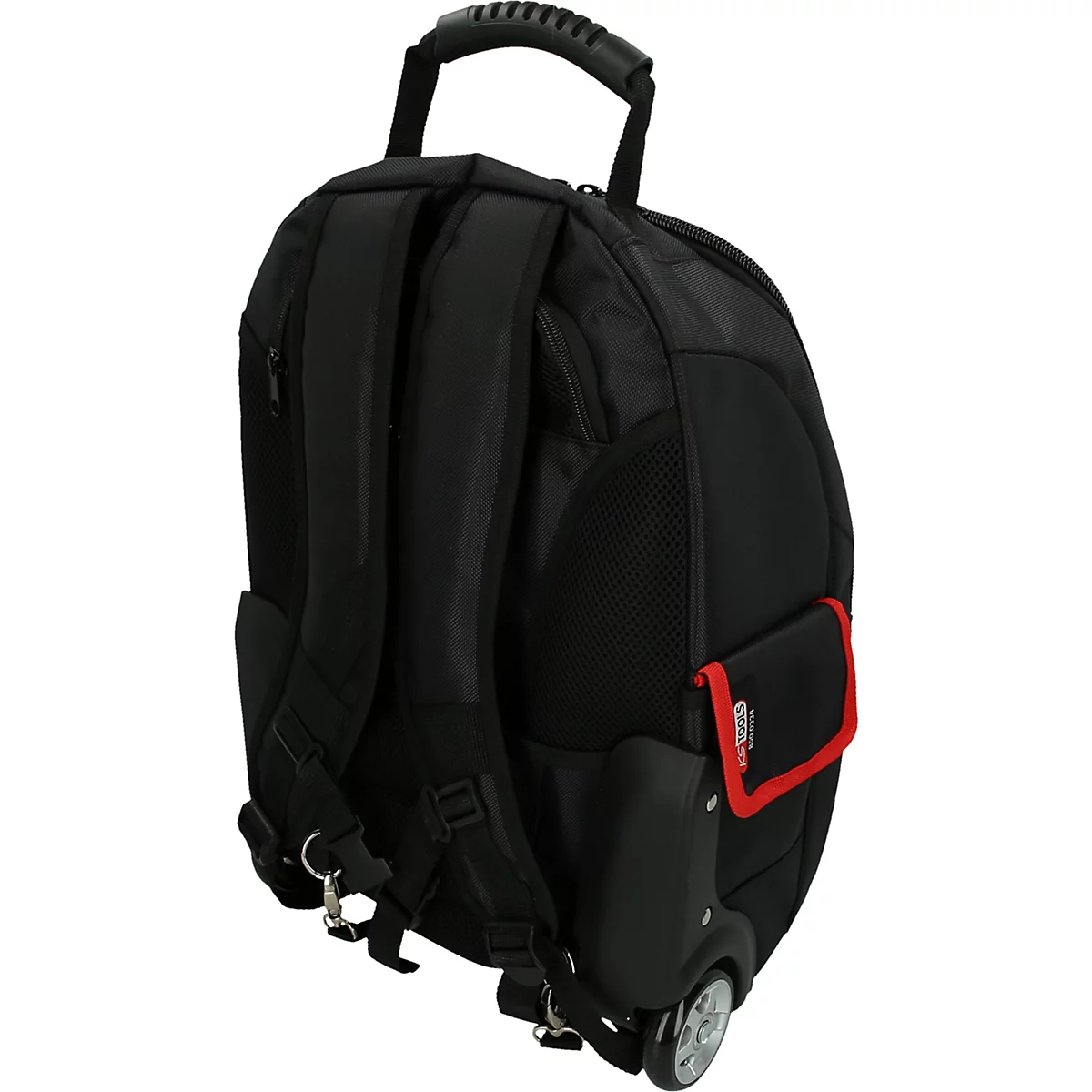 Schwarzer Rollrucksack, von hinten fotografiert. Oben ein Tragegriff, seitlich eine kleine Tasche mit roter Umrandung.