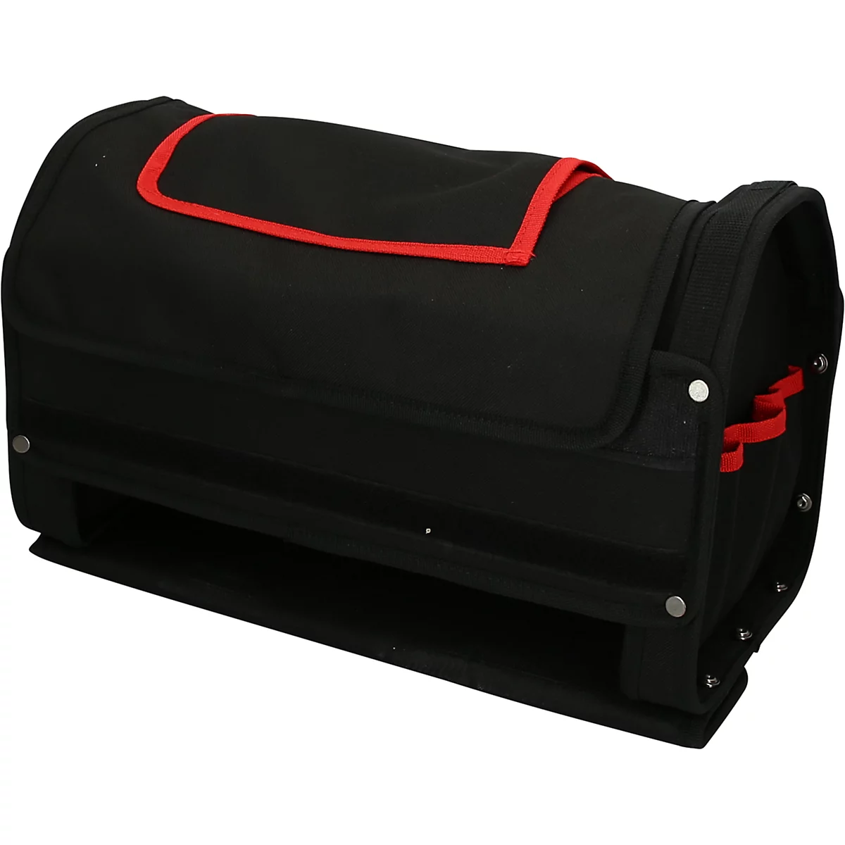 Schwarze Werkzeugtasche mit roter Umrandung. Offene Form mit Tragegurt und Steckplätzen.