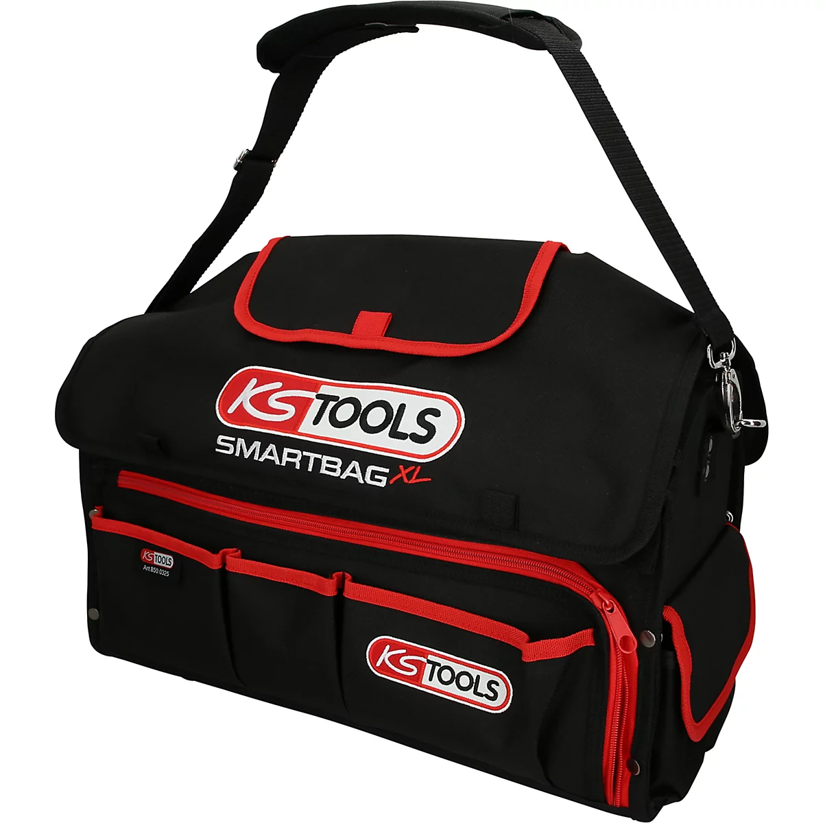 Schwarze Werkzeugtasche mit roter Umrandung. Aufschrift: KS TOOLS SMARTBAG XL. Schultergurt.