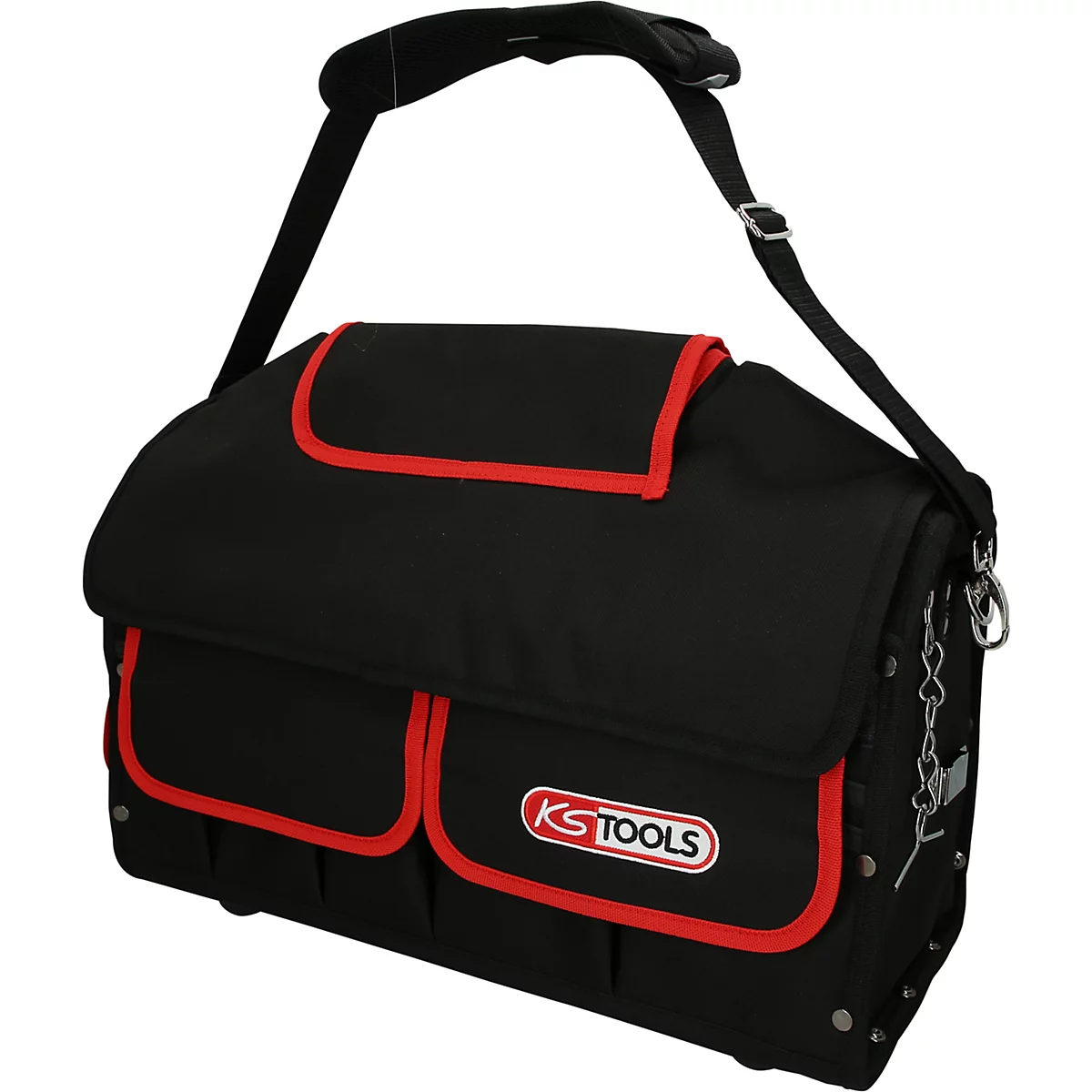 Schwarze Werkzeugtasche mit rotem Rand und Logo 'KS TOOLS'. Schulterriemen, mehrere Fächer und ein Verschluss.