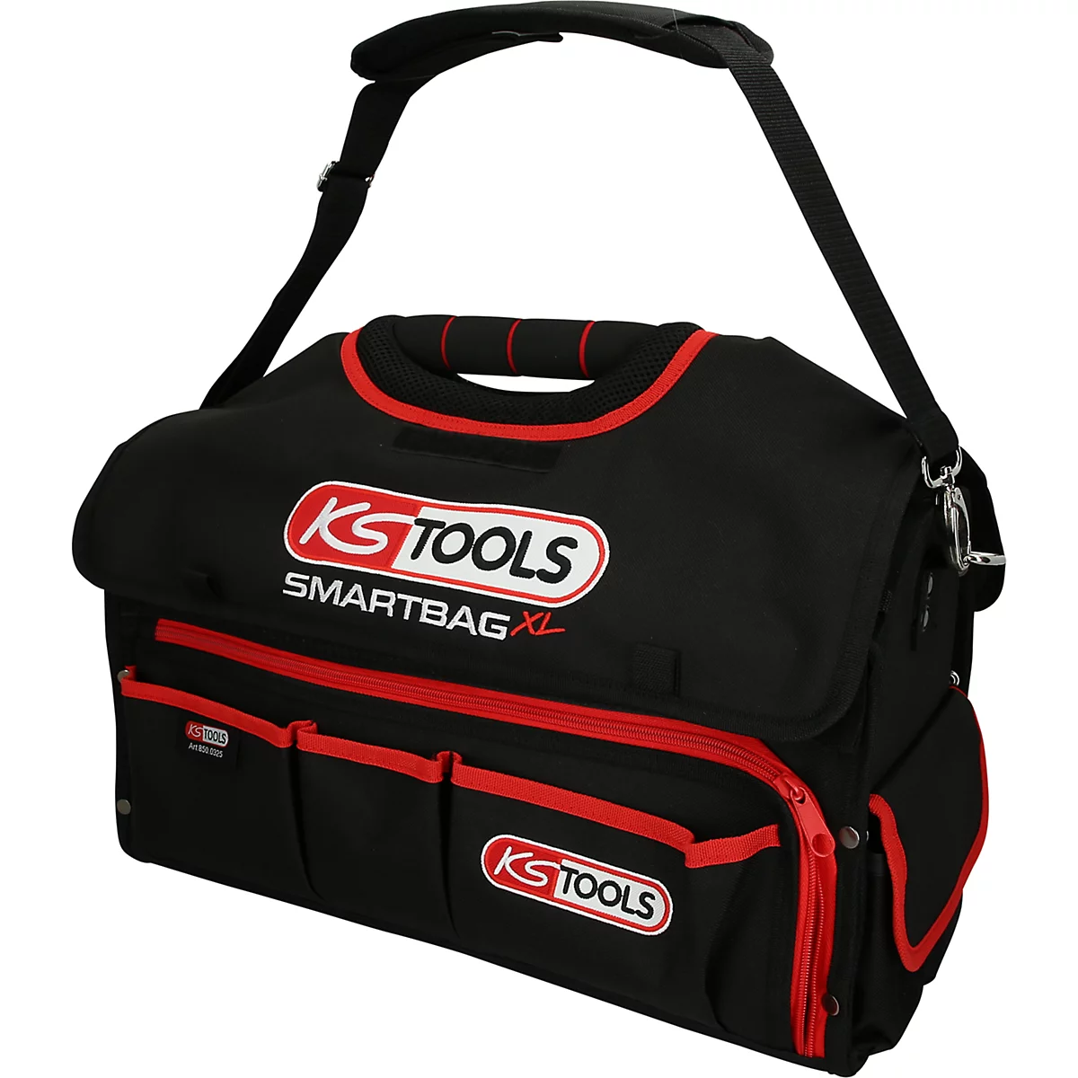 Schwarze Werkzeugtasche mit roter Naht und Aufschrift KS TOOLS SMARTBAG XL.