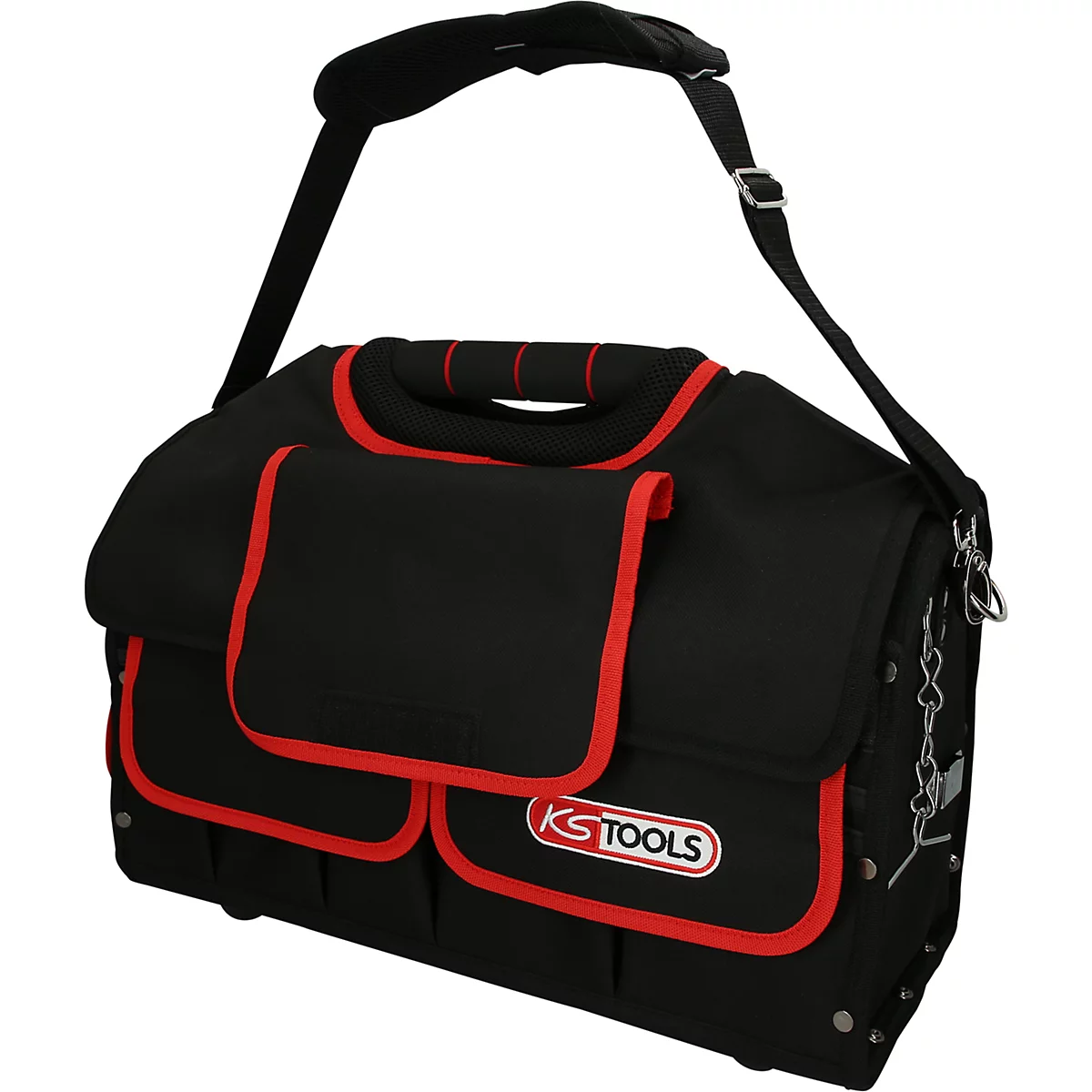 Schwarze Werkzeugtasche mit roter Umrandung und Schulterriemen. Auf der Tasche steht "KS TOOLS".