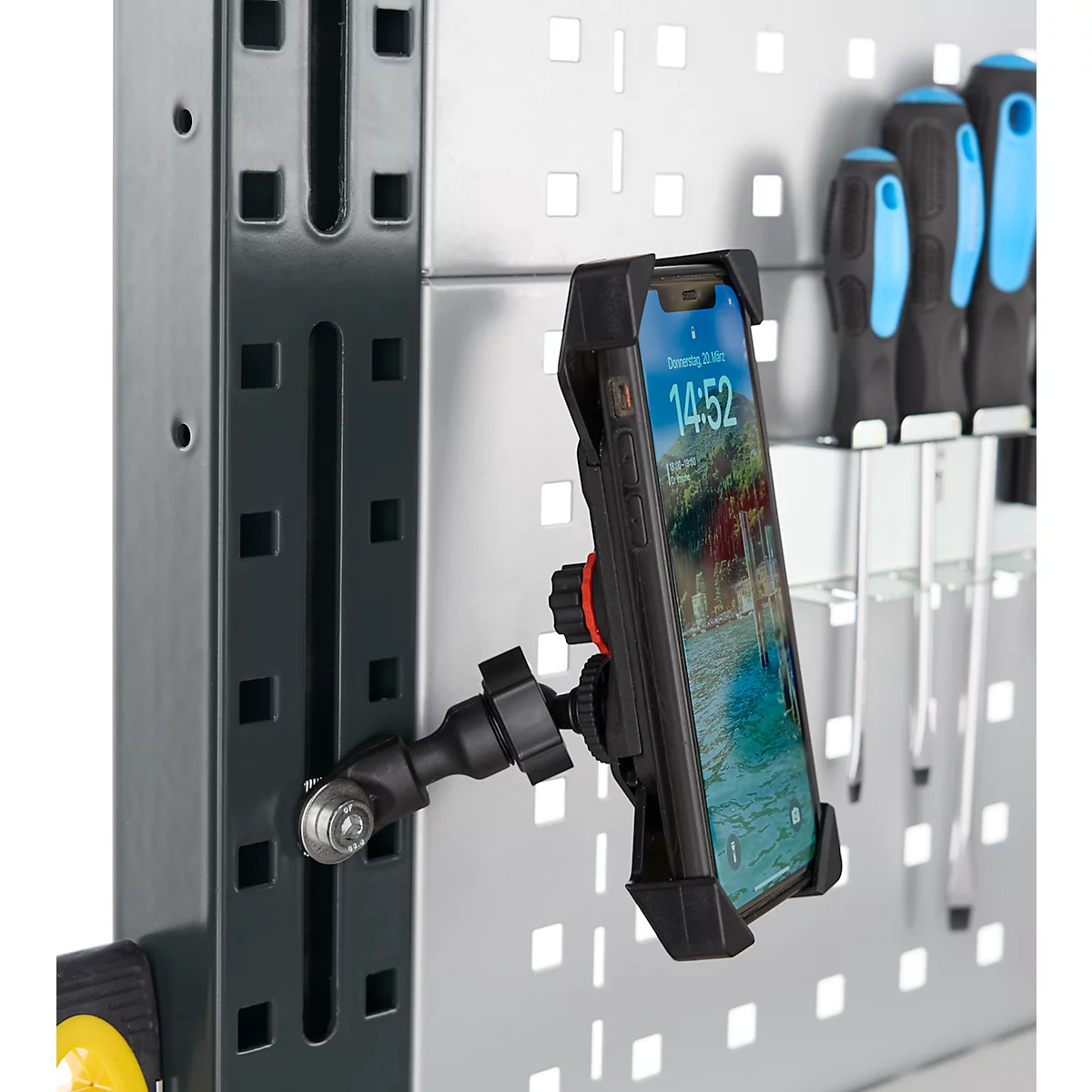 Smartphonehalter für AST31 Tischaufbau, für 1 Smartphone bis 7,25“, Klemmbereich verstellbar, drehbar, neigbar, Kunststoff/Aluminium, schwarz