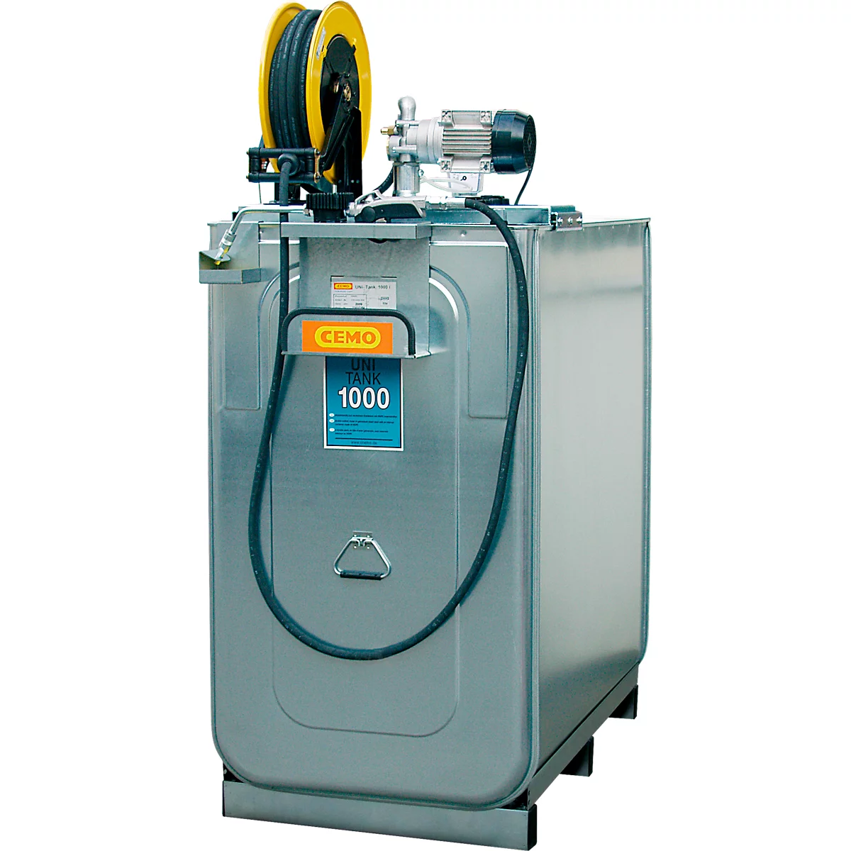 Smeermiddelcompacte eenheid CEMO ECO UNI 750, HPDE-tank 750 l, 230 V elektrische pomp, 9 l/min, B 1080 x D 770 x H 1870 mm, 15 m slang, open haspel