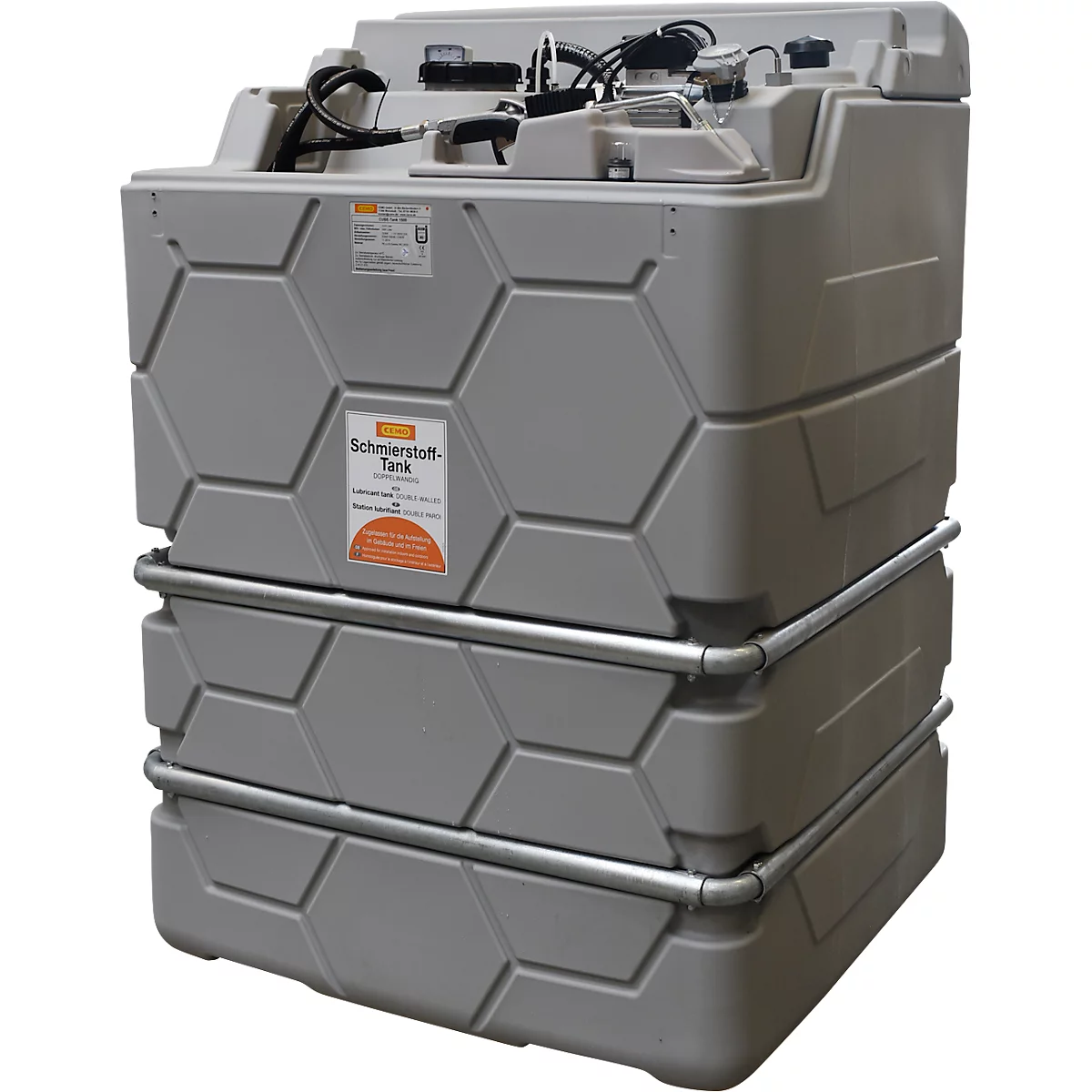 Smeermiddelentank CEMO CUBE Indoor Basic, 230 V elektrische pomp, 9 l/min, B 1200 x D 800 x H 1740 mm, 1000 l volume