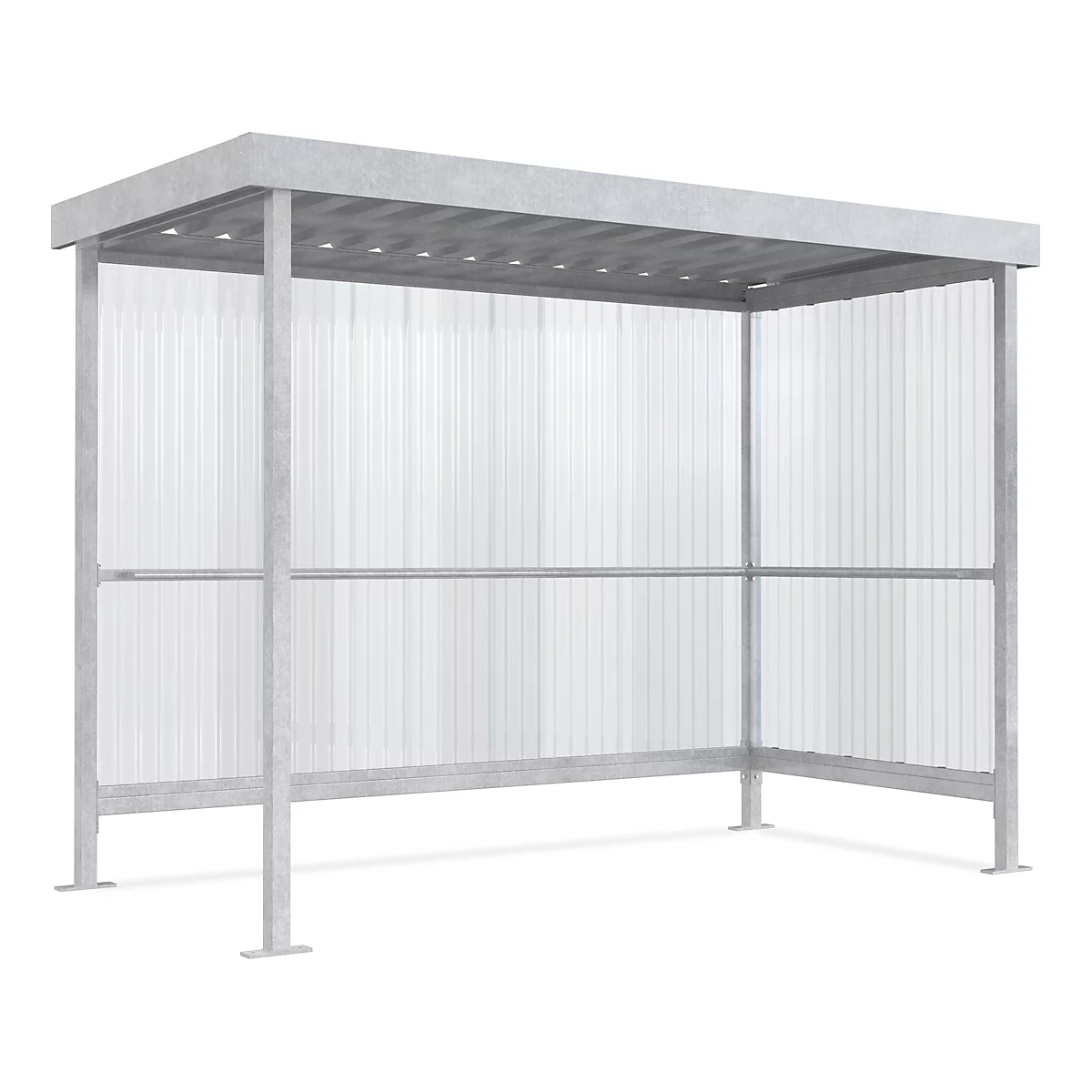 A metal bus stop with transparent side walls and roof. The bus stop is standing on a white background.