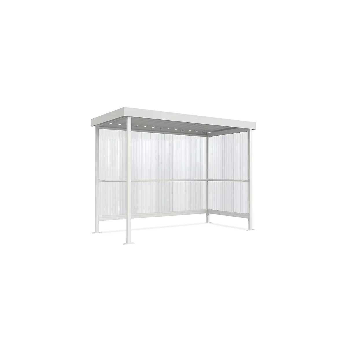 White waiting area with roof and transparent walls. Bright environment, isolated on white background.