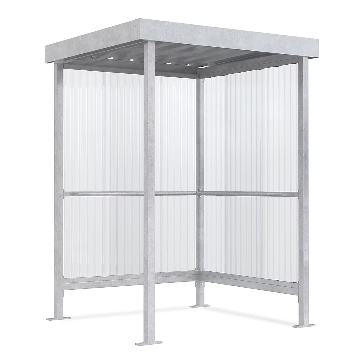 Gray metal bus stop with clear, corrugated walls and a roof. On a white background.