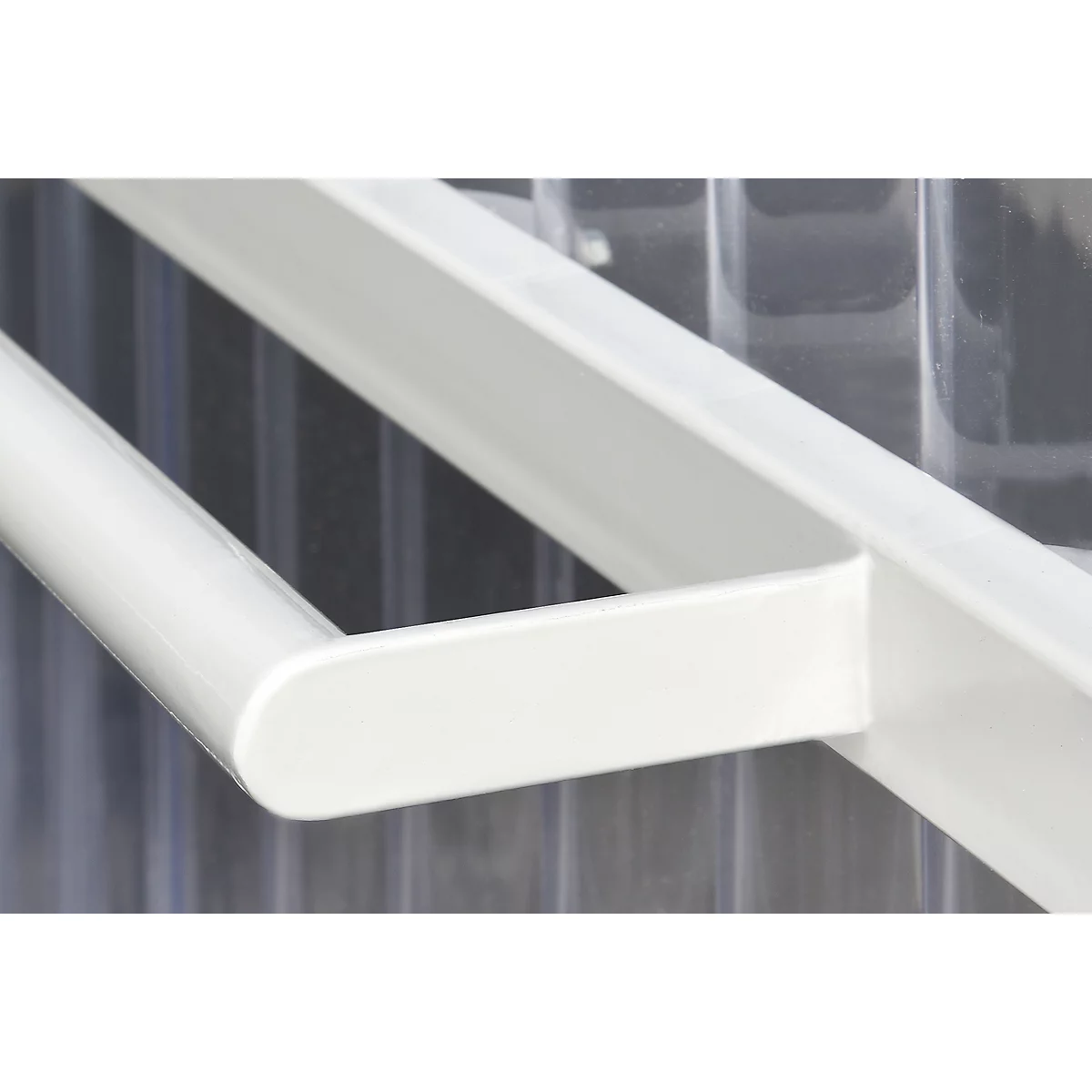 Close-up of a white door handle mounted on a transparent background.