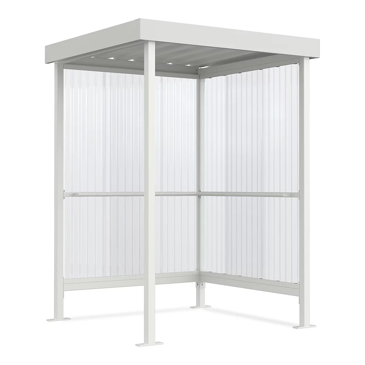 White shelter with transparent plastic walls and roof, isolated on white background.