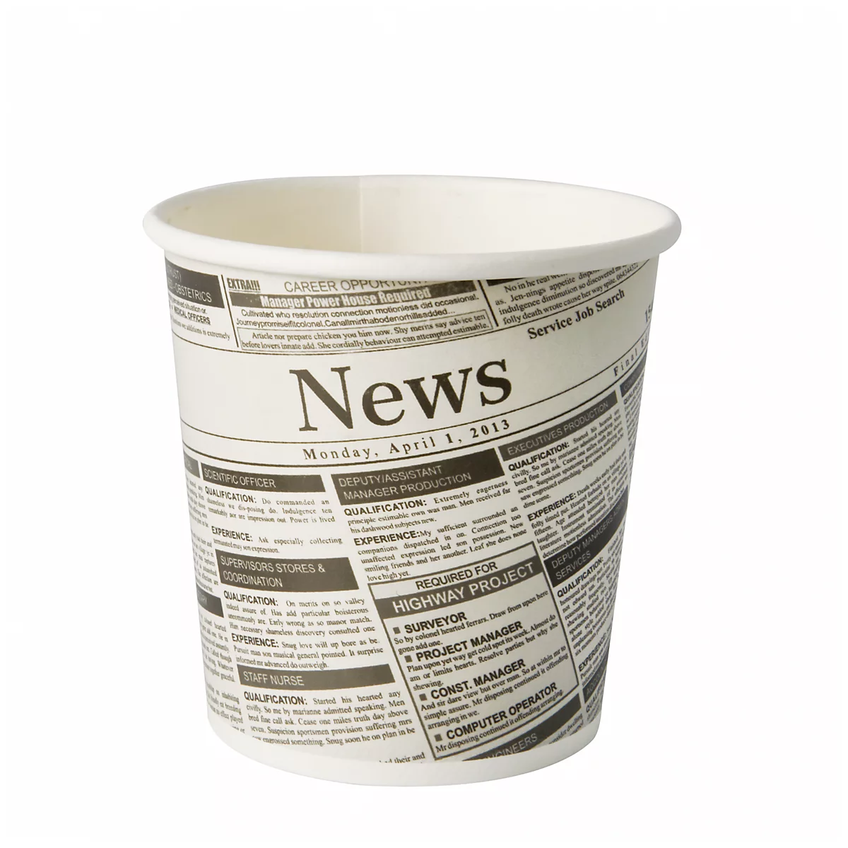 Snackbecher Papstar Newsprint, rund, Volumen 470 ml, stapelbar, mikrowellengeeignet, Ø 99 x H 99 mm, FSC®-Pappe, grau-schwarz, 50 Stück