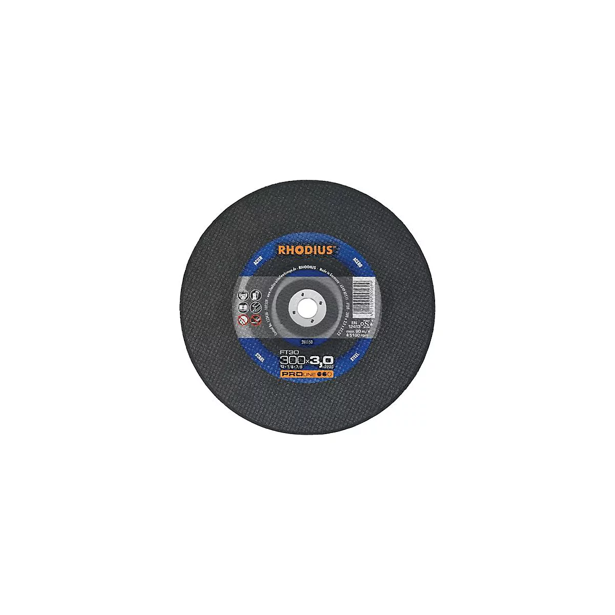 Een donkere, ronde slijpschijf met blauwe bedrukking. Tekst: RHODIUS, FT30 300x3.0. Een gat in het midden.