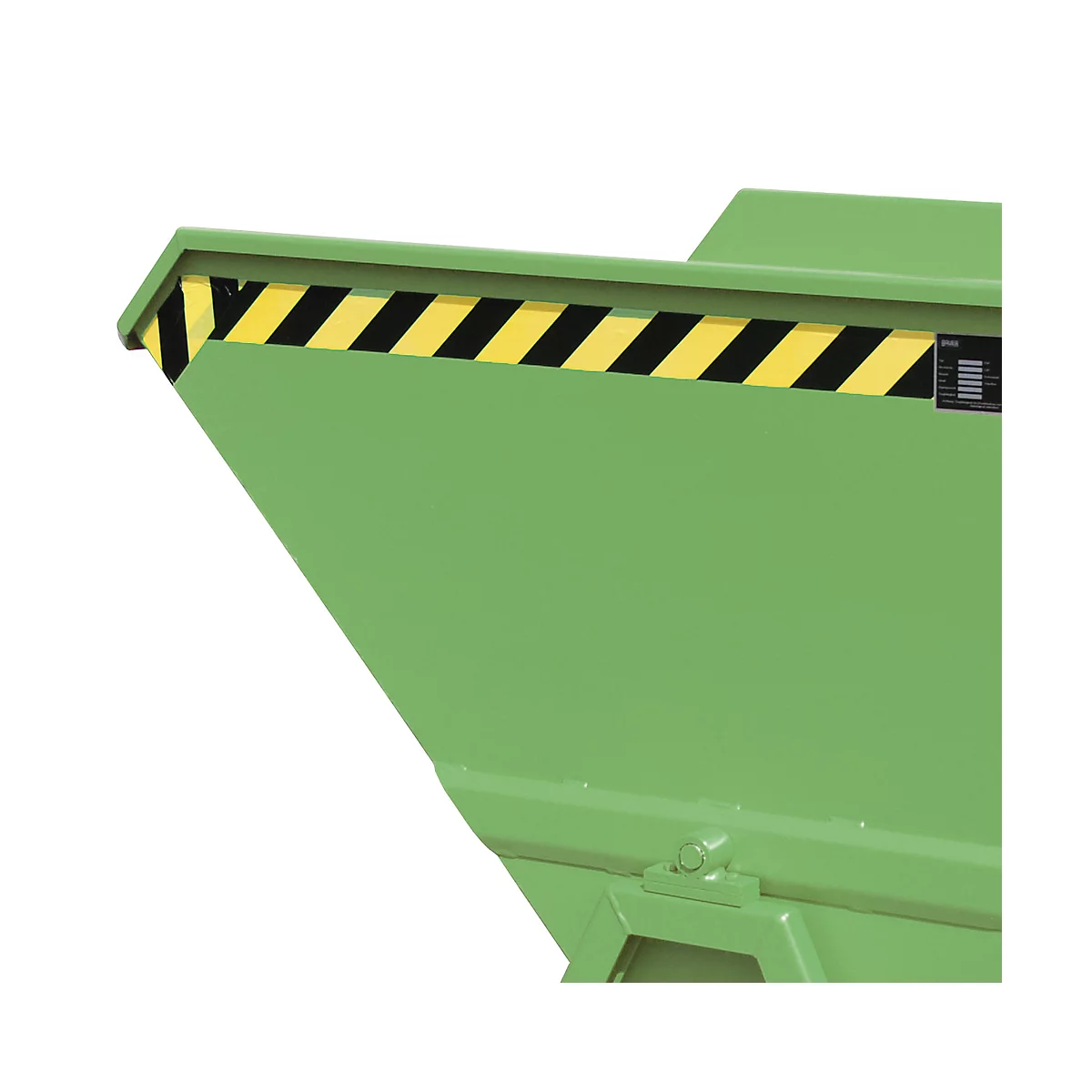 Detail van een groene container met geelzwarte waarschuwingsstrepen op de bovenrand.