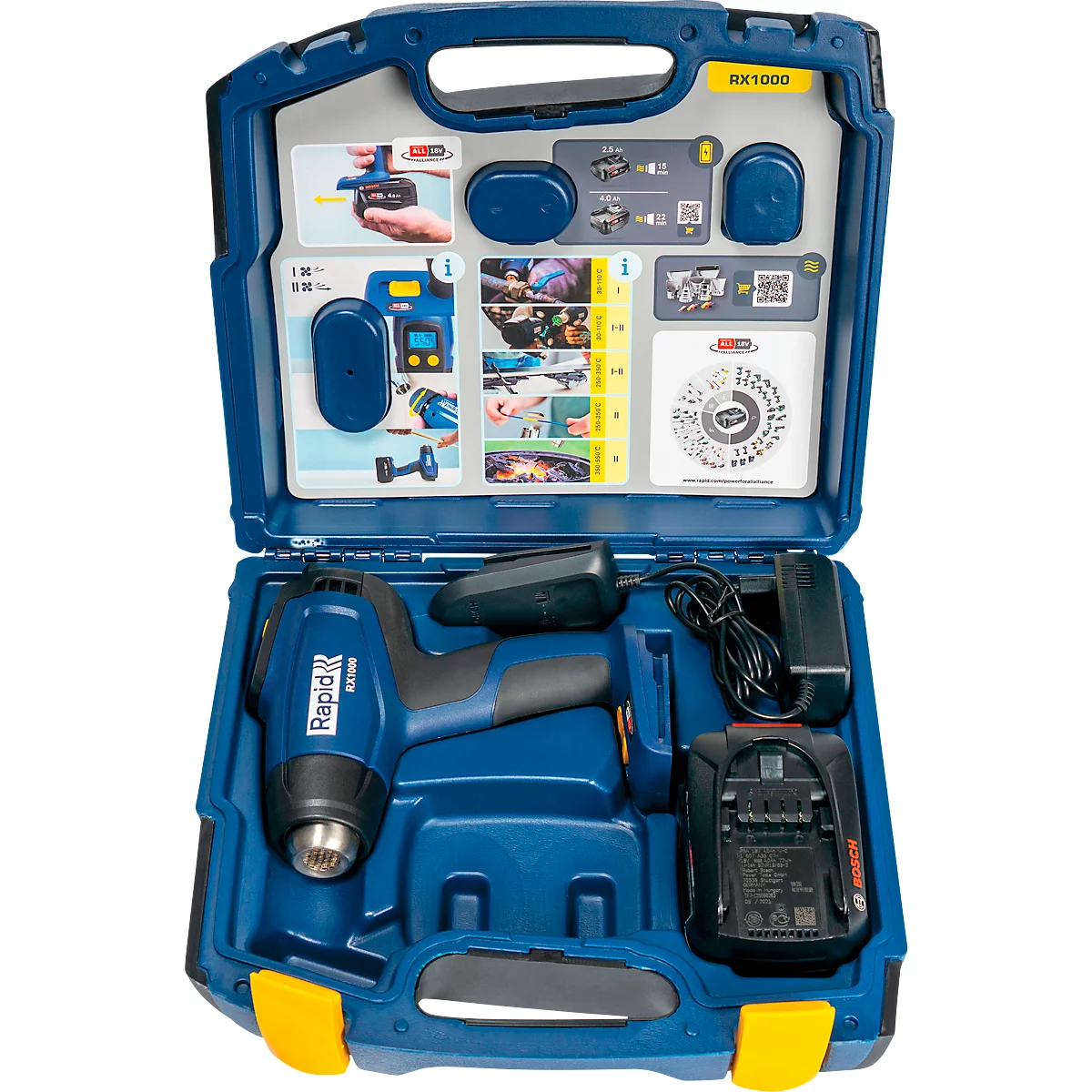 Snoerloze heteluchtblaasset Rapid RX1000, LCD-display, luchtvolumeregeling, tot 550°C, incl. Bosch oplaadbare accu