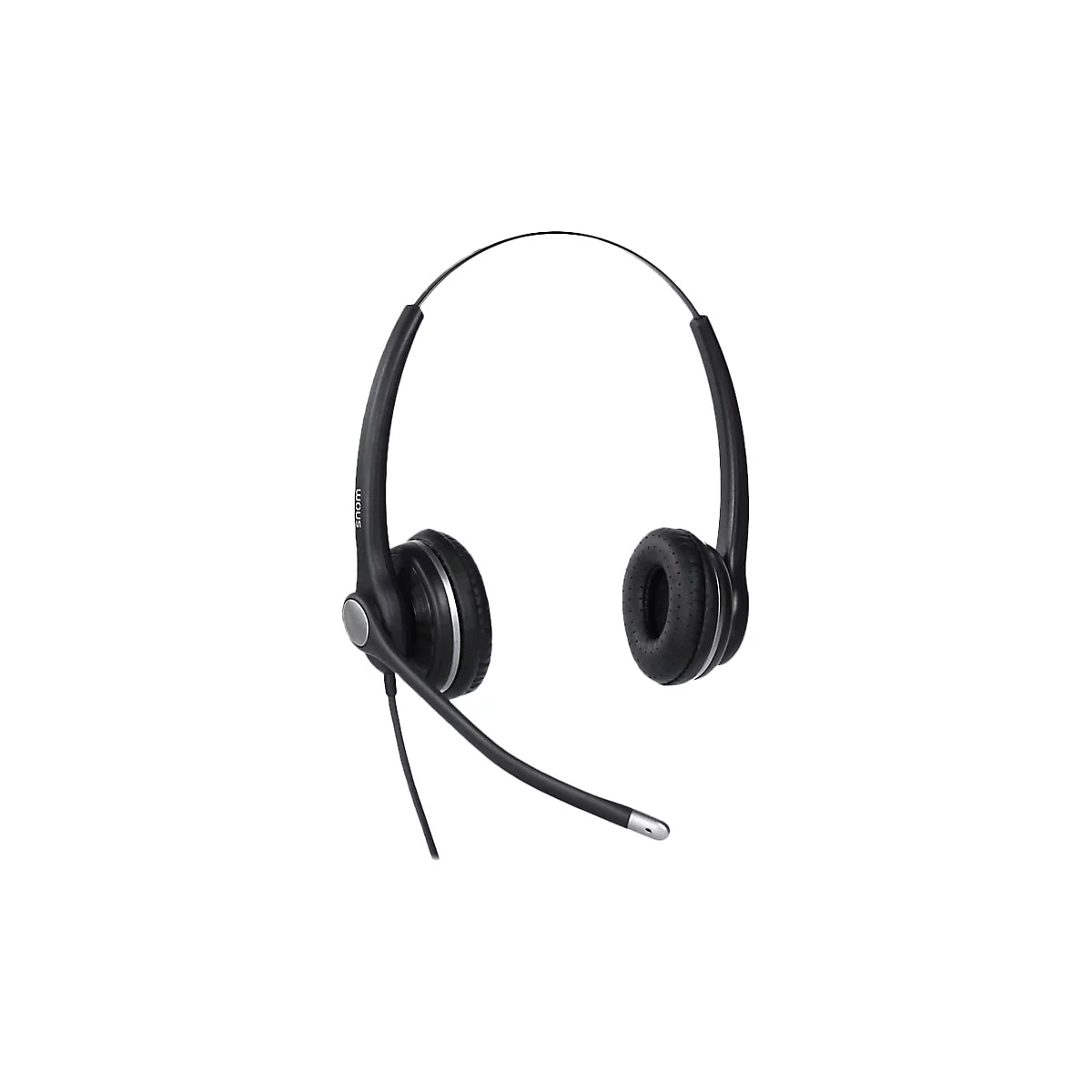 Schwarzes Headset mit Mikrofon und Ohrmuscheln auf weißem Hintergrund.