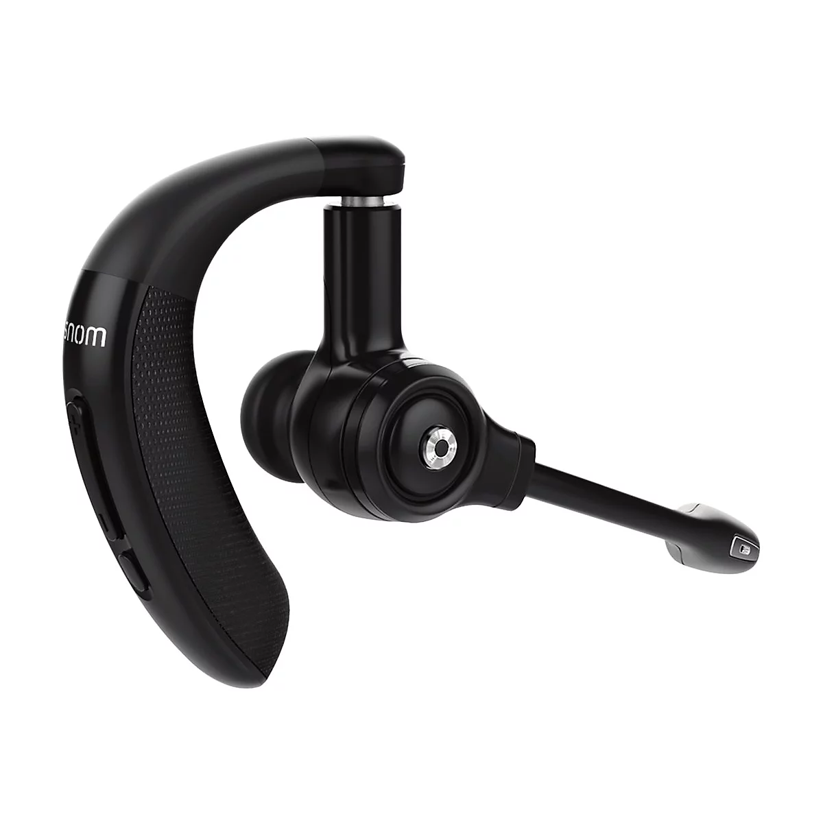 Schwarzes Bluetooth-Headset mit Ohrbügel und Mikrofon. Auf dem Bügel steht "snom".