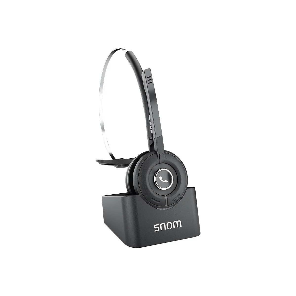 Schwarzes schnurloses Headset mit Ladestation. Auf dem HÃ¶rer ist ein TelefonhÃ¶rer-Symbol abgebildet.