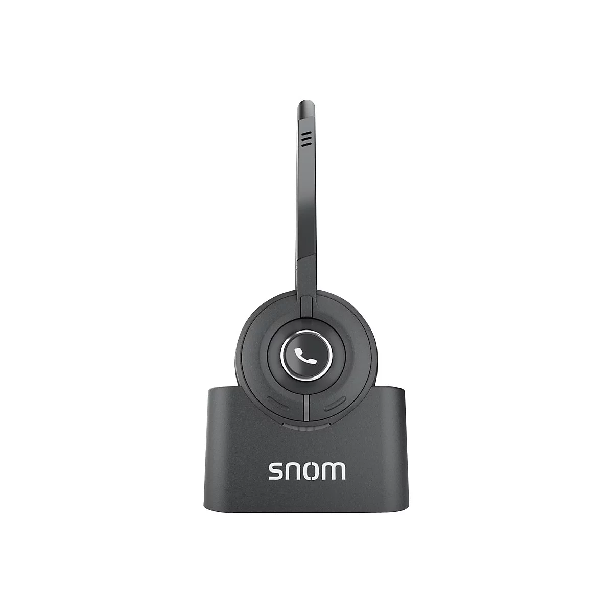 Dunkelgraues schnurloses Headset mit Ladeschale, Snom-Logo. Der MikrofonbÃ¼gel ist ausgefahren.