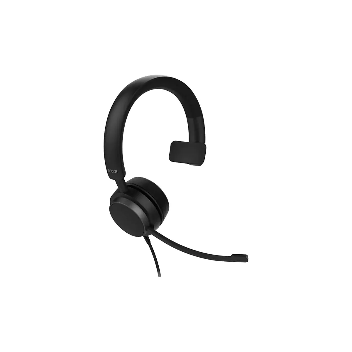 Schwarzes Headset, Ohrmuschel und Mikrofon, Marke snom.