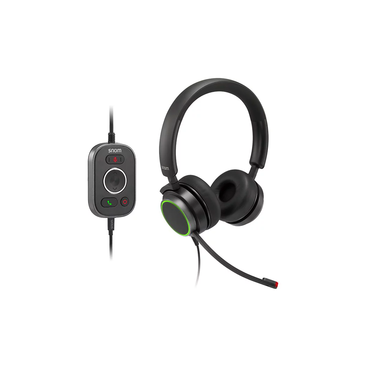 Schwarzes Headset mit Mikrofon und Fernbedienung. Die Ohrmuscheln sind mit grÃ¼nem Rand versehen. Auf der Fernbedienung steht snom.