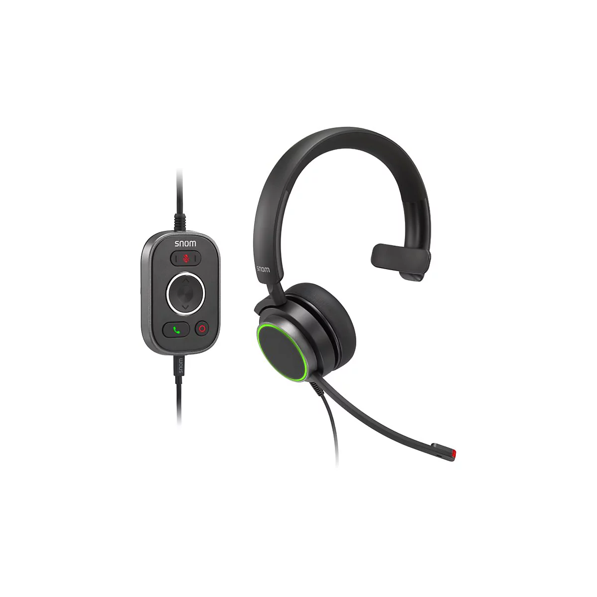 Schwarzes Headset mit grünem Akzent und Bedienelementen mit dem snom Logo.