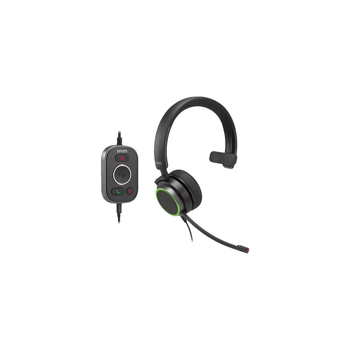 Schwarzes Headset mit Steuerungsmodul, grünen Akzenten und Mikrofon. Aufgedruckter Markenname 'snom'.