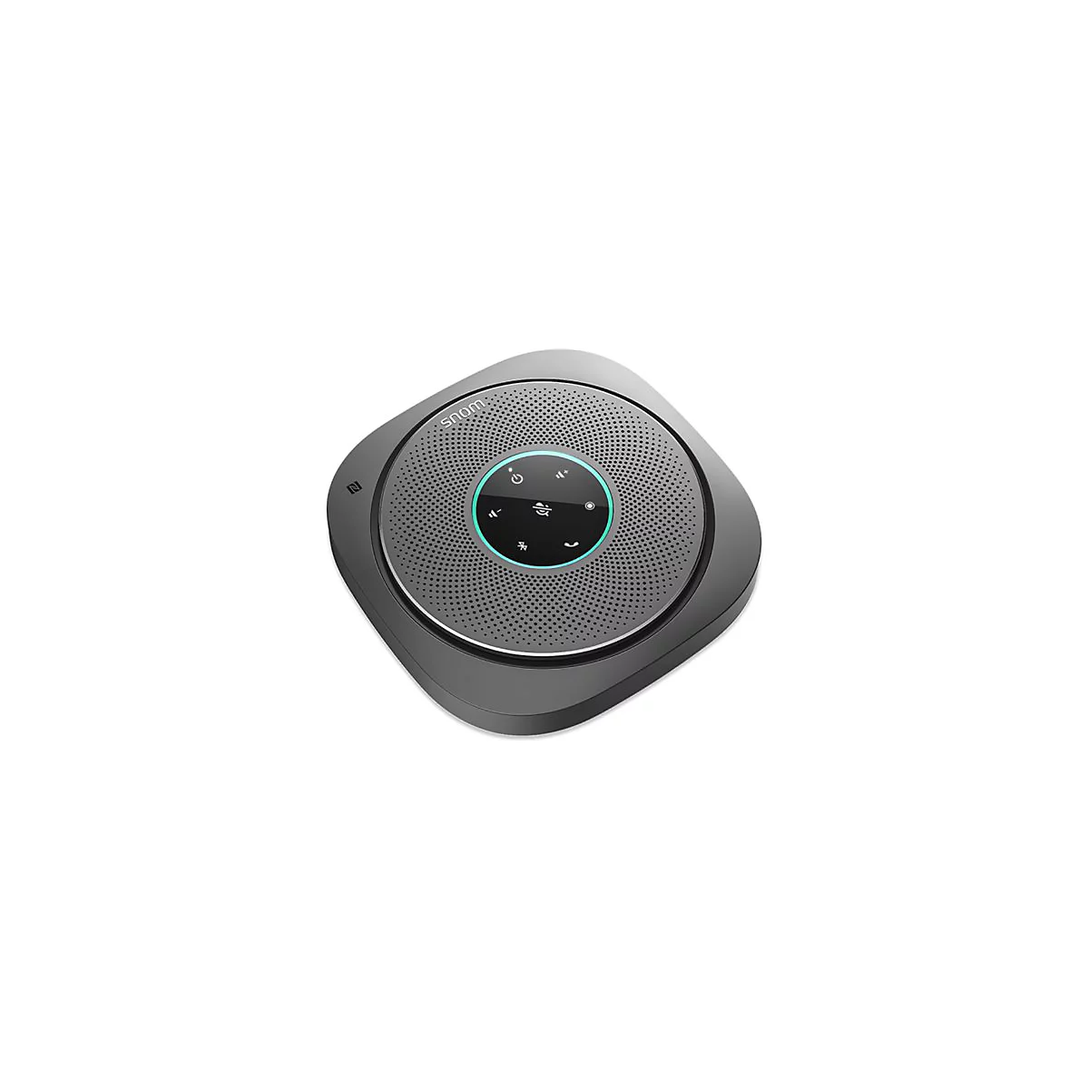 Grauer, quadratischer Konferenzlautsprecher mit kreisförmigem Lautsprechergitter und farbigem Bedienfeld. Auf dem Gerät steht "snom".