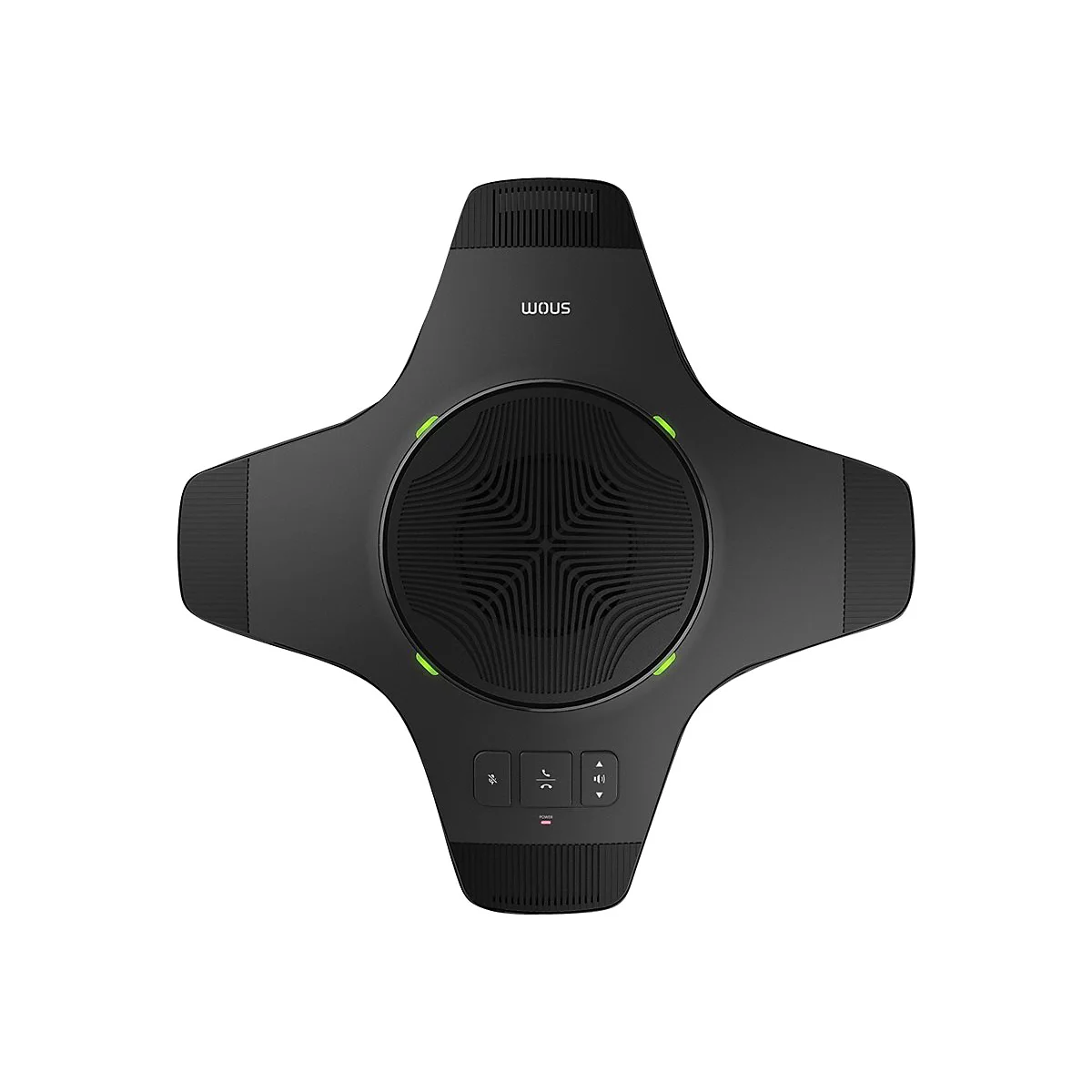 Schwarzes Konferenzmikrofon in Sternform, mit Lautstärkereglern und grün leuchtenden Anzeigen.