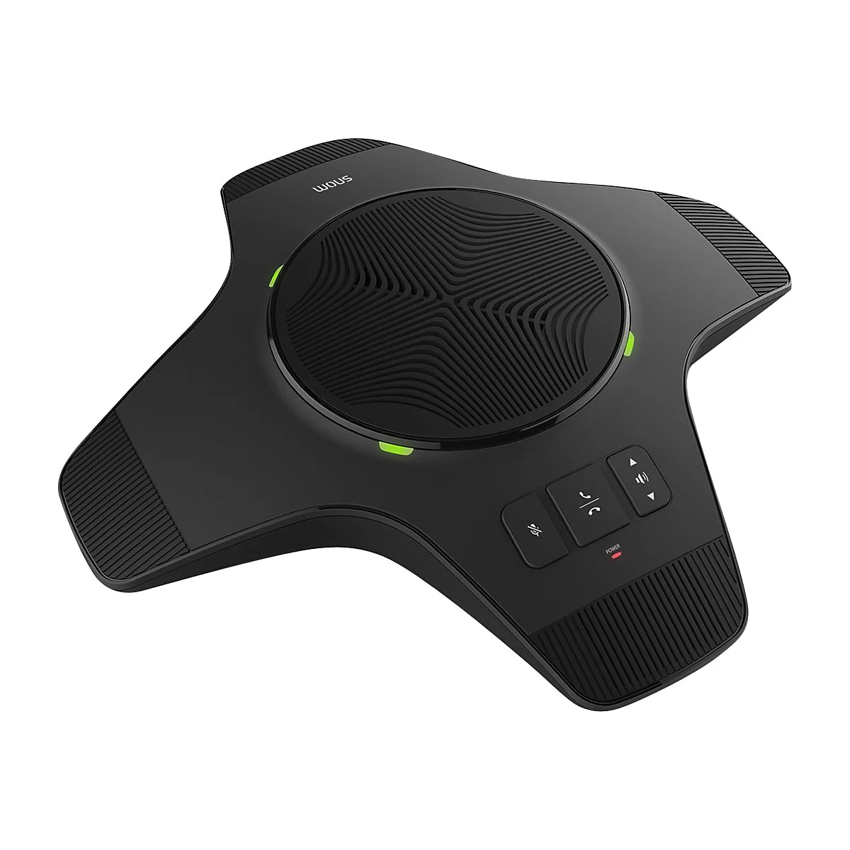 Schwarzes Konferenzmikrofon in sechseckiger Form, grüne LEDs leuchten. Tasten für Stummschalten, Anrufannahme, Lautstärke.