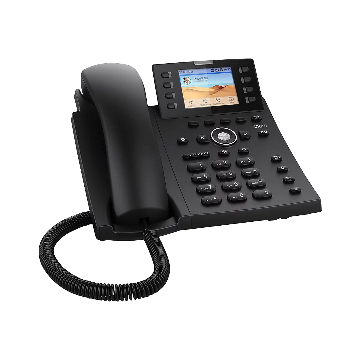 Schwarzes schnurloses Tischtelefon, Display mit Anruferinformationen.