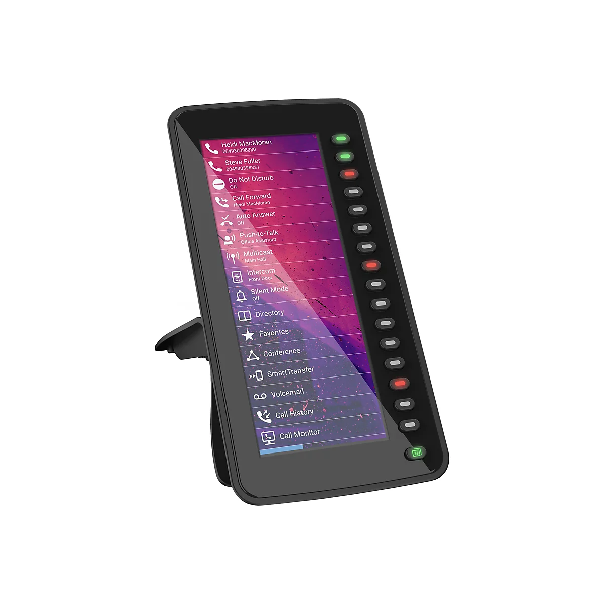 Schwarzes IP-Telefon mit Touchscreen. Die Oberfläche zeigt Anrufoptionen, Kontakte und andere Funktionen. Das Telefon steht auf einem Ständer.