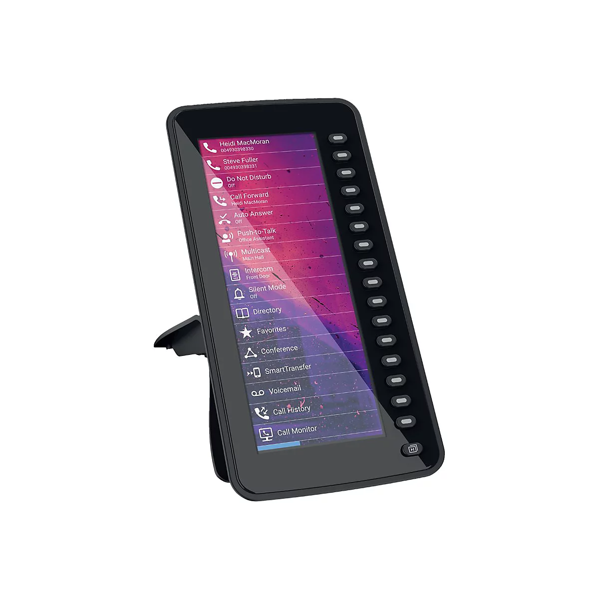 Téléphone noir avec écran tactile affichant des options de menu telles que 'Répertoire' et 'Messagerie vocale'. Il est posé sur un support.